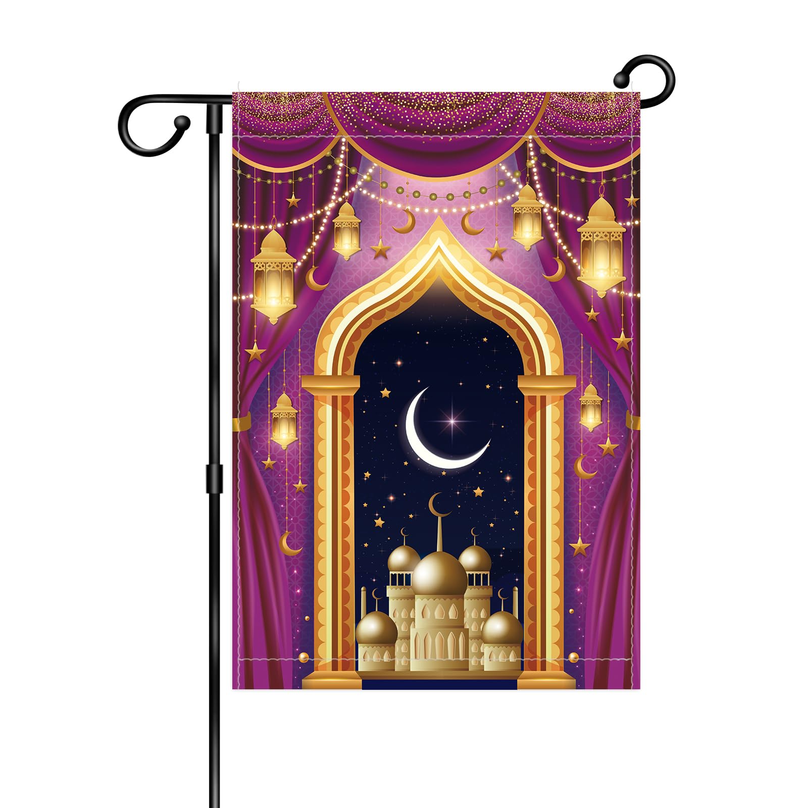 Ramadan Mubarak Gartenflagge – 30,5x45,7 Cm, Doppelseitig, Mit Moschee & Mond, Aus Jute, Für Draußen