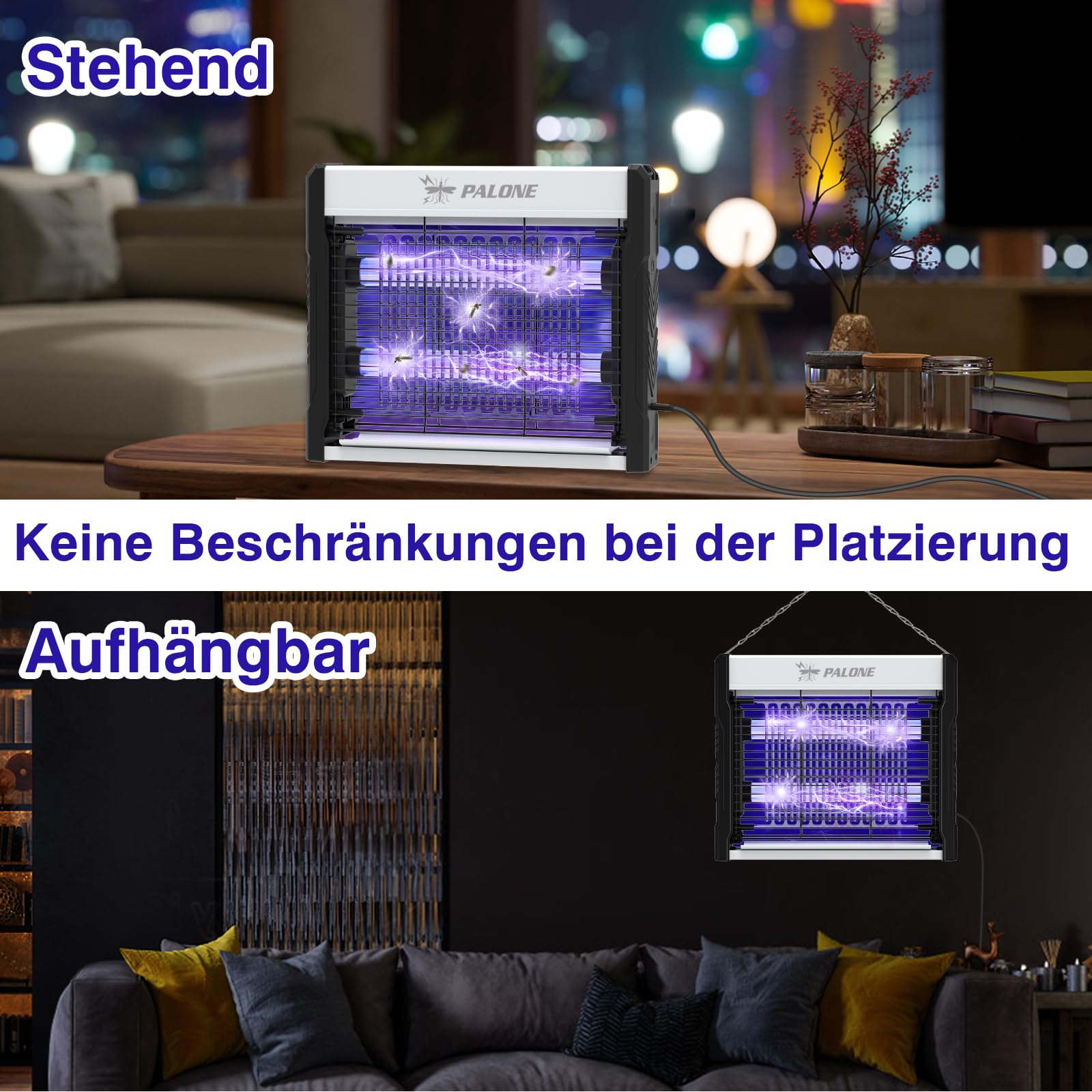 PALONE Insektenvernichter Elektrisch 4000V, 2 UV LED Mückenlampe USB C Elektrischer Mückenfalle Hängbar Insektenfalle Ungiftig Geruchsneutral für Innen