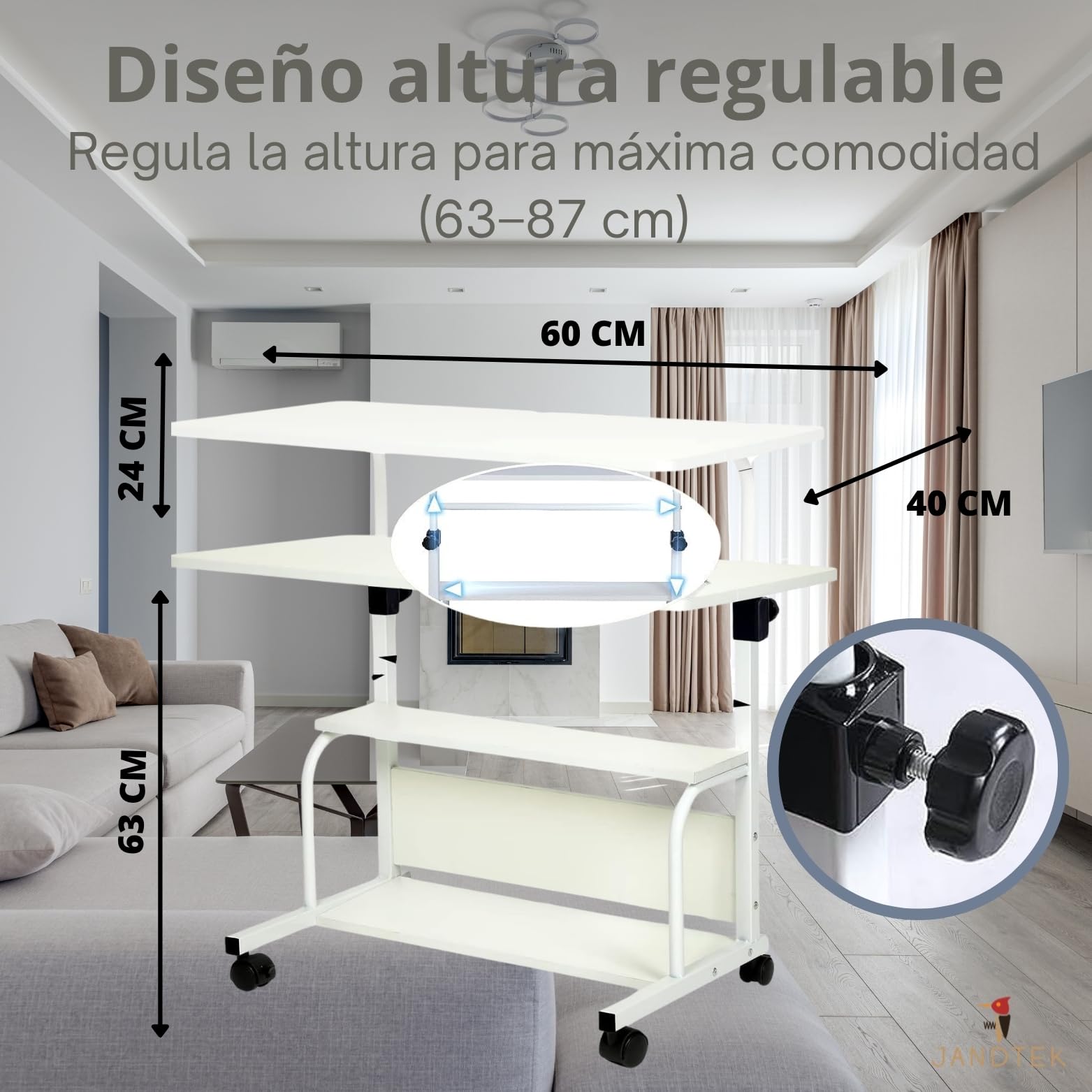 Mesa Portátil para Ordenador con Ruedas – Escritorio Auxiliar Regulable en Altura para Sofá o Cama – Mesa Pequeña con Estante Inferior para Teletrabajo y Espacios Reducidos (Blanco 60 x 40)