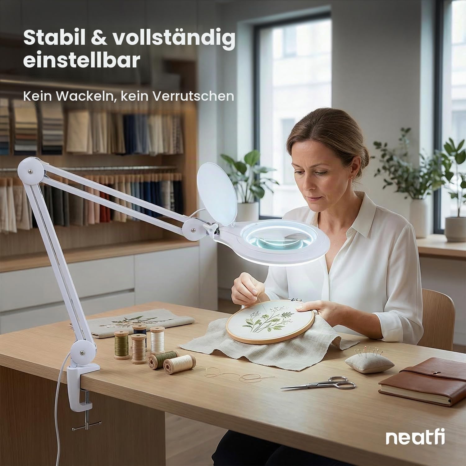 Neatfi LED-Lupenlampe mit Klemme, 1.200 Lumen – 12,7 cm 8-Dioptrien-Glaslinse, dimmbares Arbeitslicht | Verstellbarer Arm | Lesen, Nähen & Basteln (Weiß, 8 Dioptrien)
