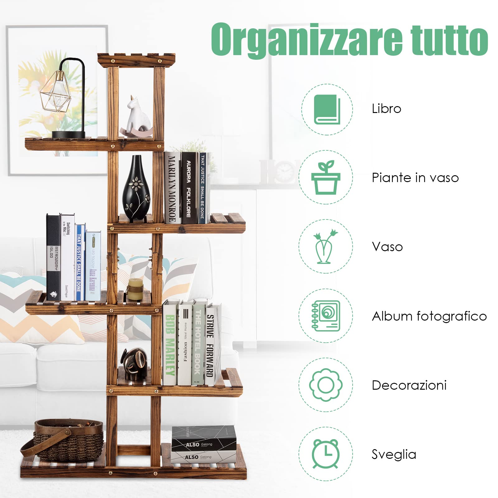 GYMAX Scaffale Porta Piante da Esterno in Legno, Scaffale Portavasi per Fiori Espositore con 6 Livelli, Fioriera Verticale con Struttura Stabile, Portafiori Angolare per Giardino, 75 x 25 x 140 cm
