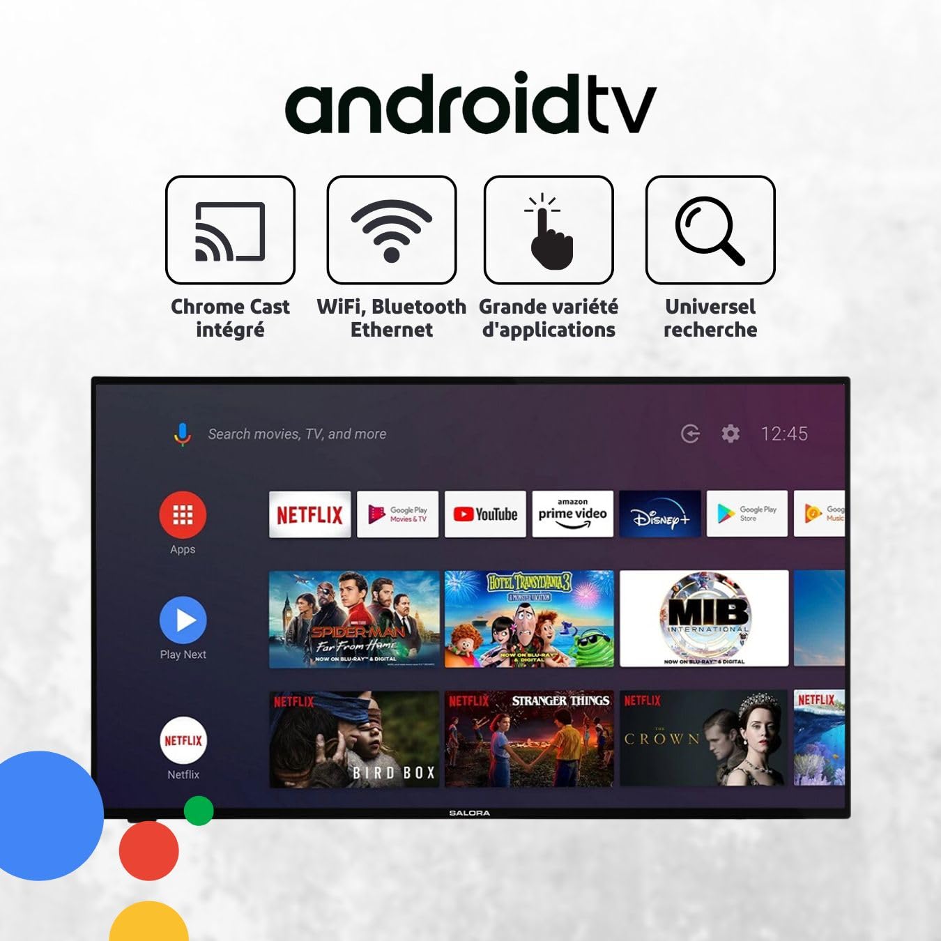 SALORA SMART40TV– TV Android avec écran LED Full HD 40 Pouces, HDR10 et HLG, Wi-FI, Bluetooth, 3X HDMI, Tuner DVB-T2/S2, Commande vocale, Classe énergétique F, TV LED compacte pour la mai