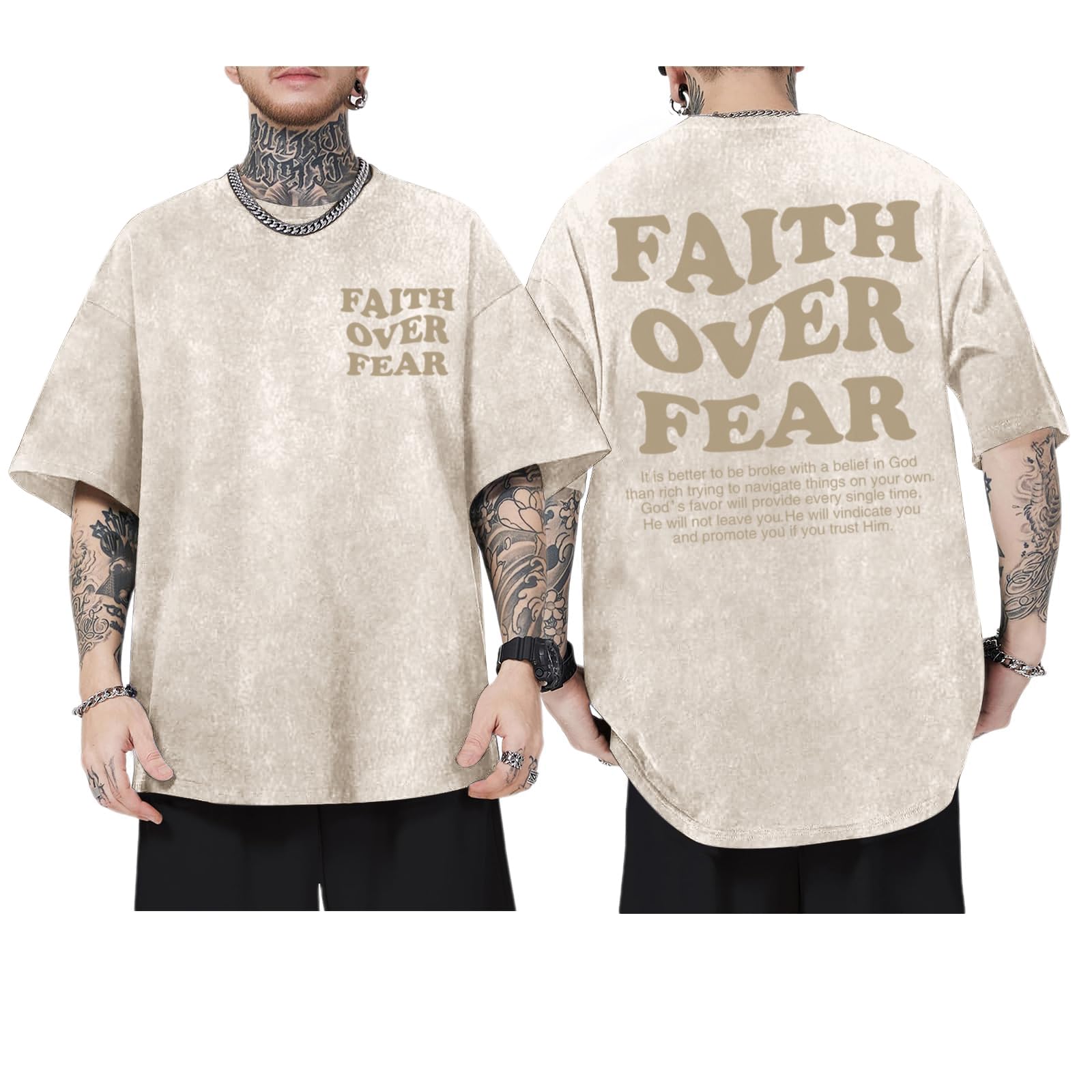 Christian Shirts for Men Faith Over Fear Oversized Shirt Acid Wash Tshirt Graphic Religious T Shirt Bible Verse Tees