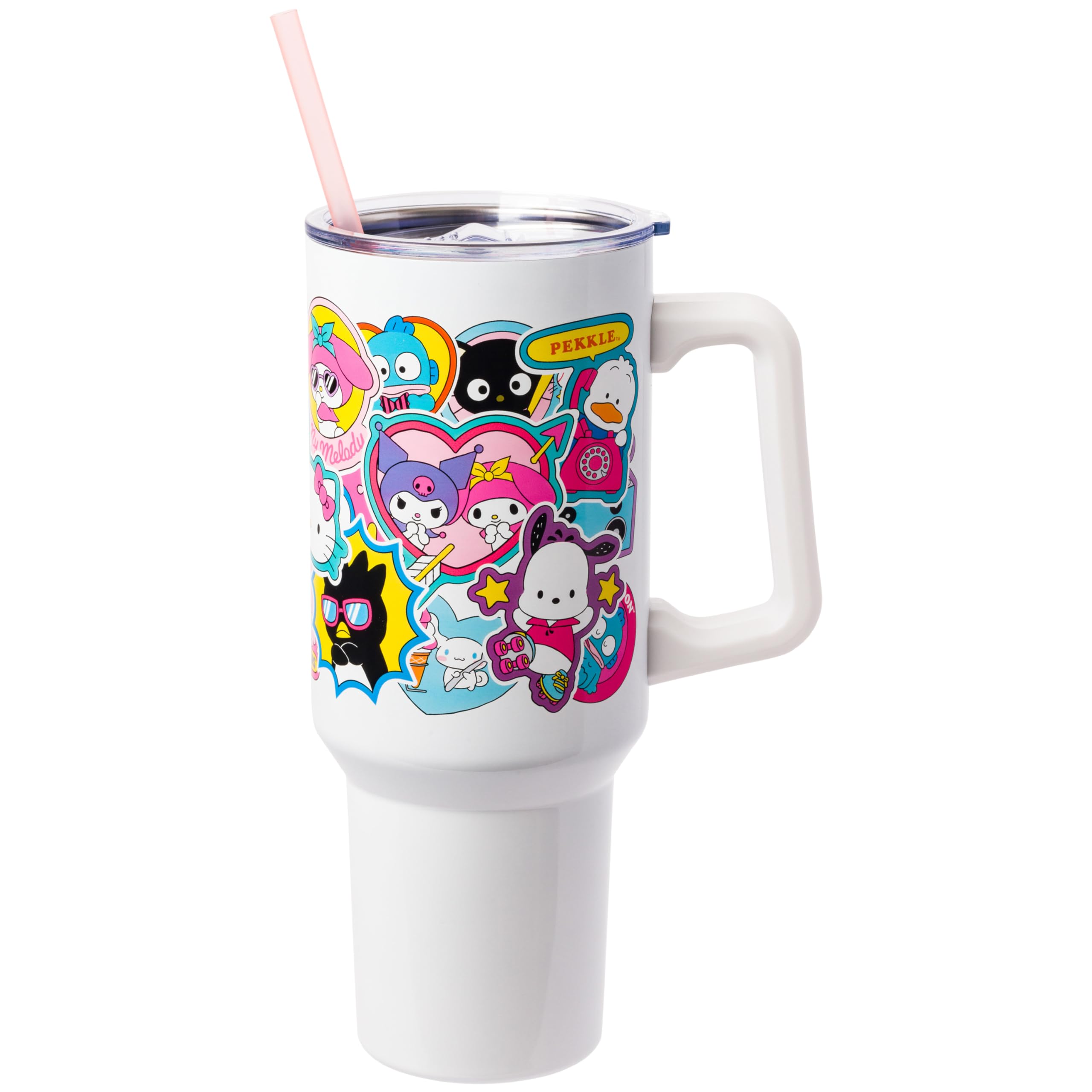 Sanrio Hello Kitty and Friends Cinnamoroll, Kuromi, Chococat, Badtz-Maru, Keroppi, etc Sticker Collage Stainless Steel Tumbler w Handle and Straw, Fits in Standard Cup Holder, 40 Ounces
