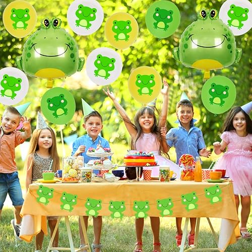 Miniatura 4 de Decoraciones de fiesta de cumpleaños de rana, suministros de fiesta de rana con pancarta de feliz cumpleaños, adornos para pasteles, globos de látex