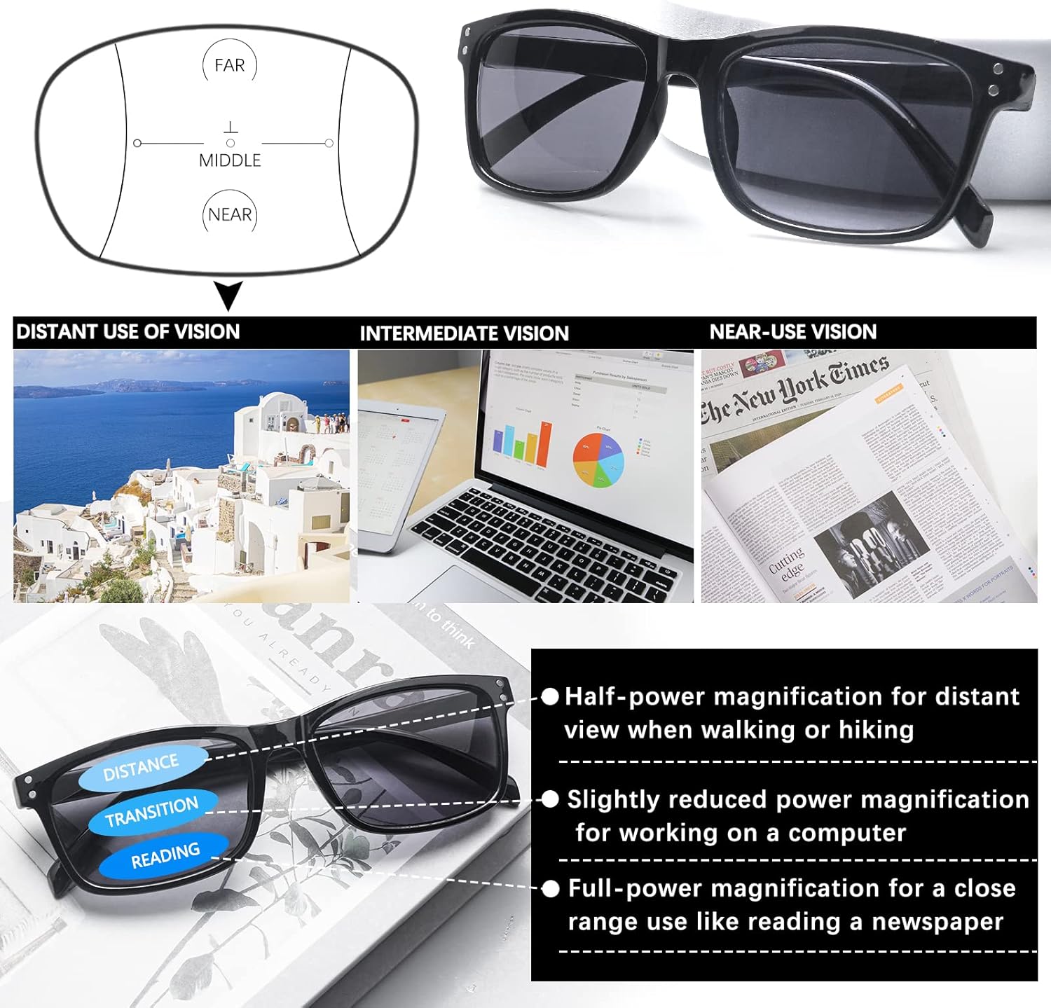 VIDEBLA 3 Pack Progressive Multifocus Reading Sunglasses for Women Men UV Protection Multifocal Trifocal Sun Reading Glasses - Image 4