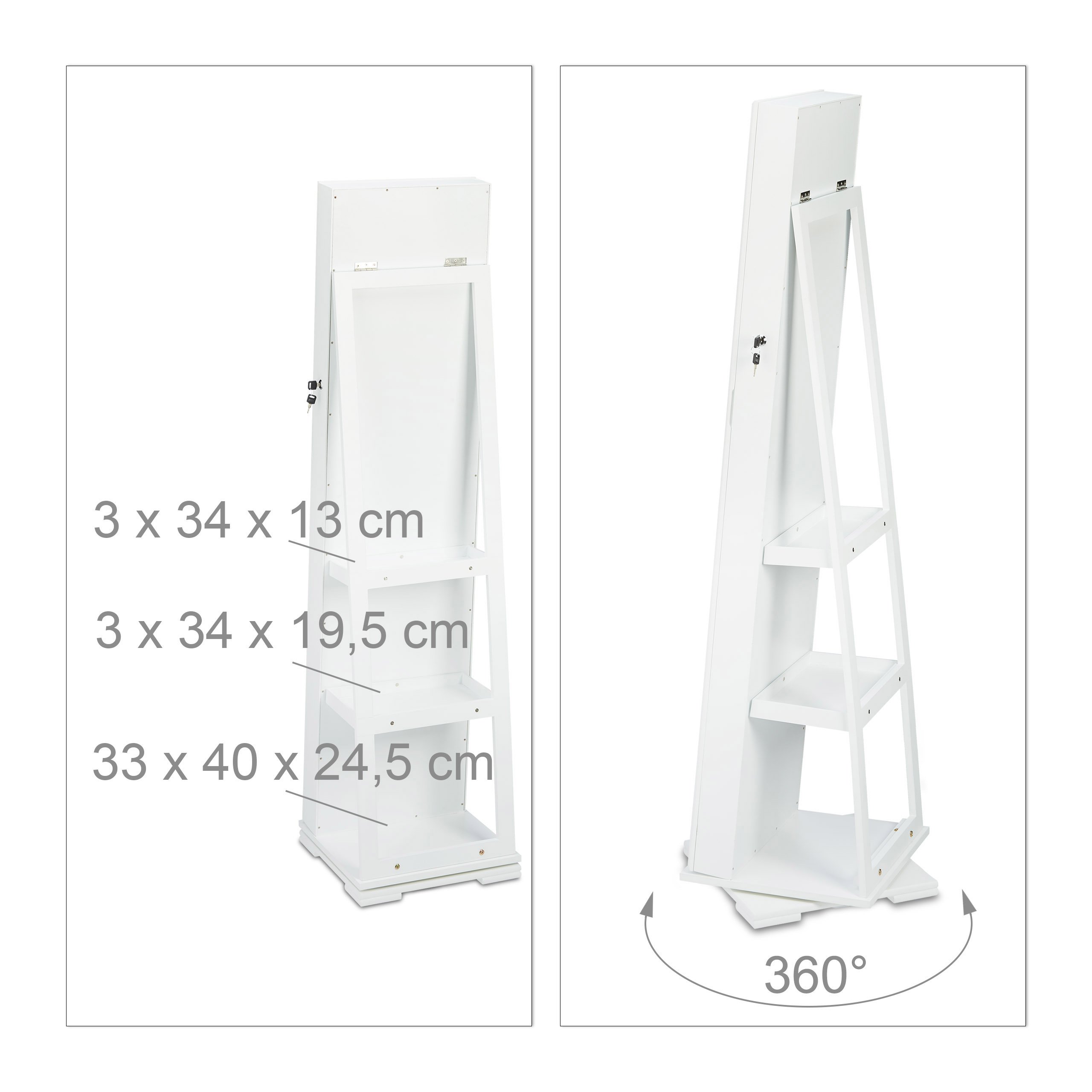 Relaxdays Espejo Joyero XXL Giratorio, DM-Cristal, Blanco, 161 x 39,5 x 40 cm
