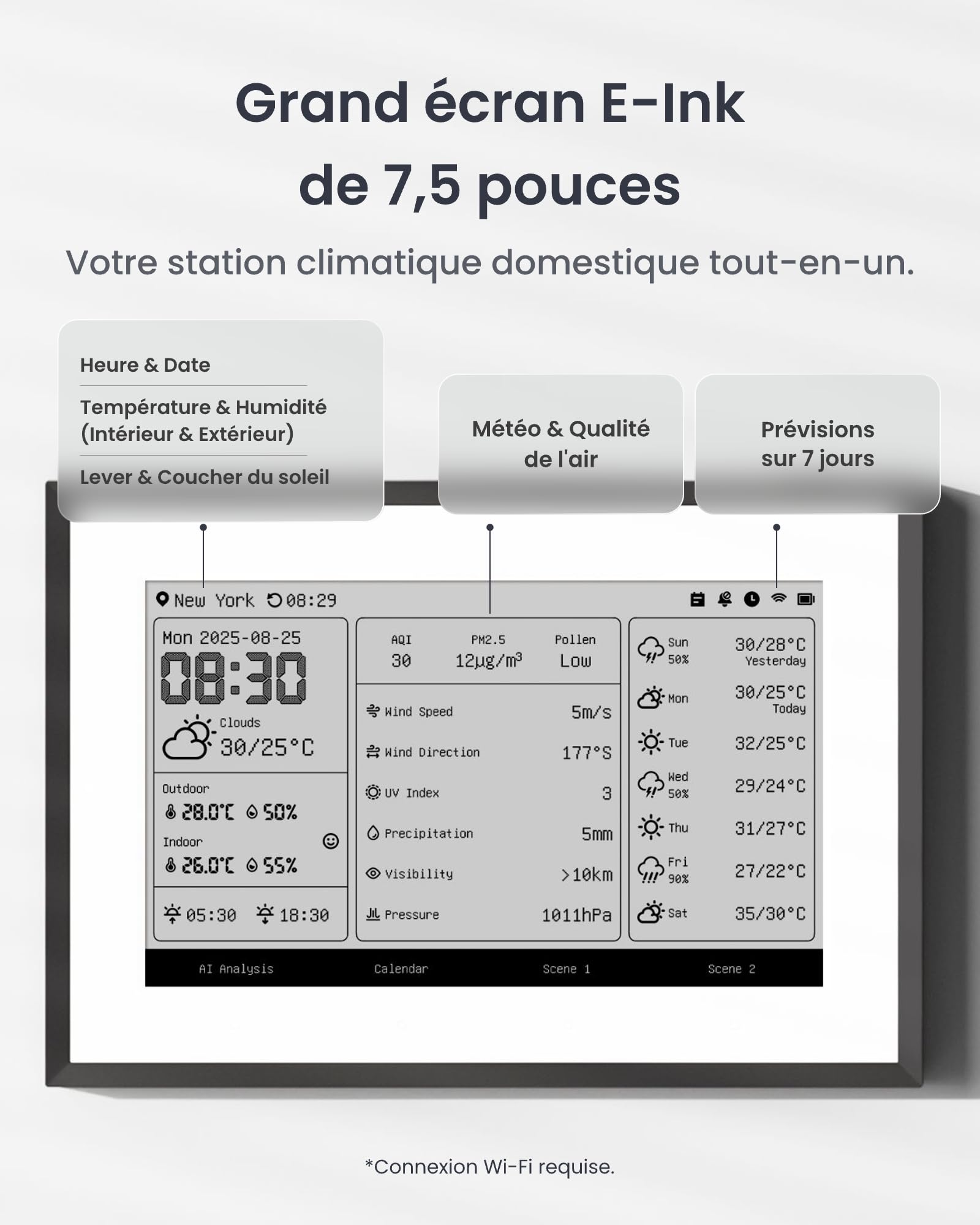 SwitchBot Tableau de bord domestique intelligent E-Ink, thermomètre hygromètre sans fil intérieur/extérieur avec calendrier, Wi-Fi 2,4GHz&BLE,compatible Google/iCloud/Outlook (2in1 Combo)