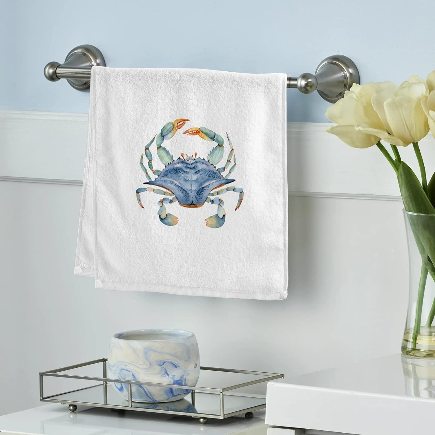 ALAZA Ocean Hand Towels for Bathroom Set of 2 Fingertip Towel Face Towel, Cotton Soft Absorbent Decorative Bath Towels 15.5x29.5 inch,Blue Crab Watercolor