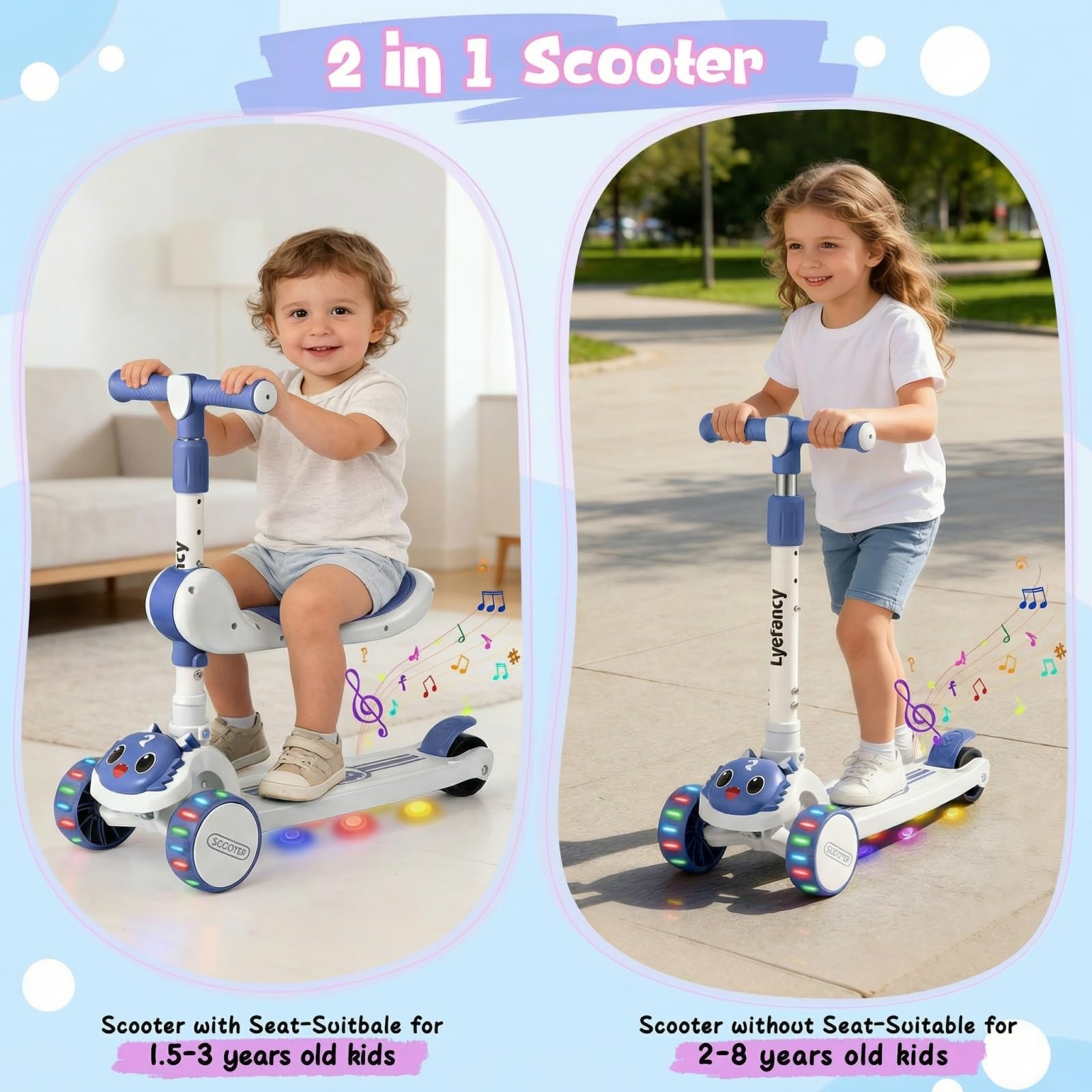 Patinete de 3 ruedas para niños de 2 a 8 años 2 en 1 con asiento desmontable, ruedas plegables con música y ruedas luminosas, altura ajustable, desplazable por cambio de peso