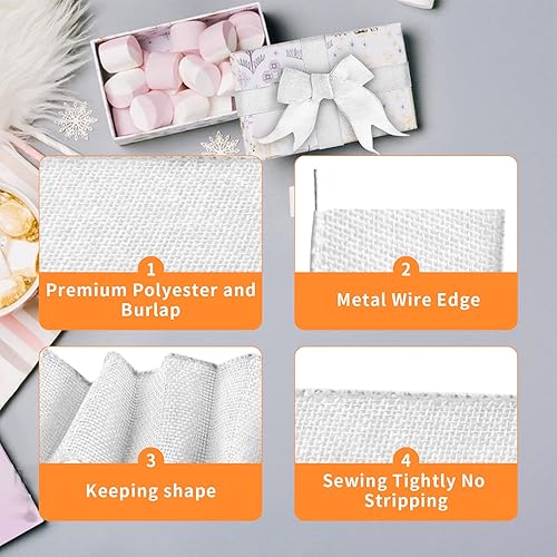 Miniatura 4 de Cinta de arpillera con alambre de 2.5 pulgadas para lazos, 10 yardas, color blanco, no se desprende ni se deshilacha para hacer coronas, envolver