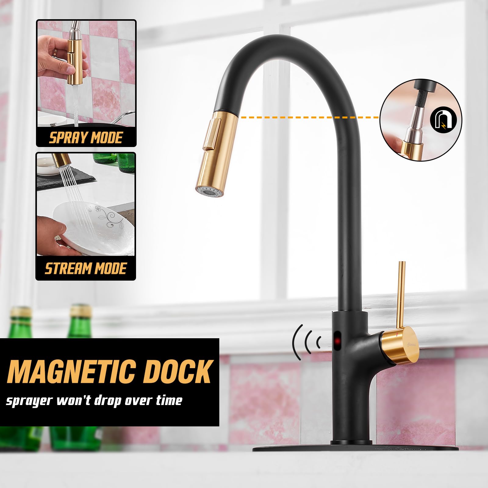 Achelous Black And Gold Kitchen Faucet With Pull Down Magnetic Docking Sprayer,Stainless Steel - View #11