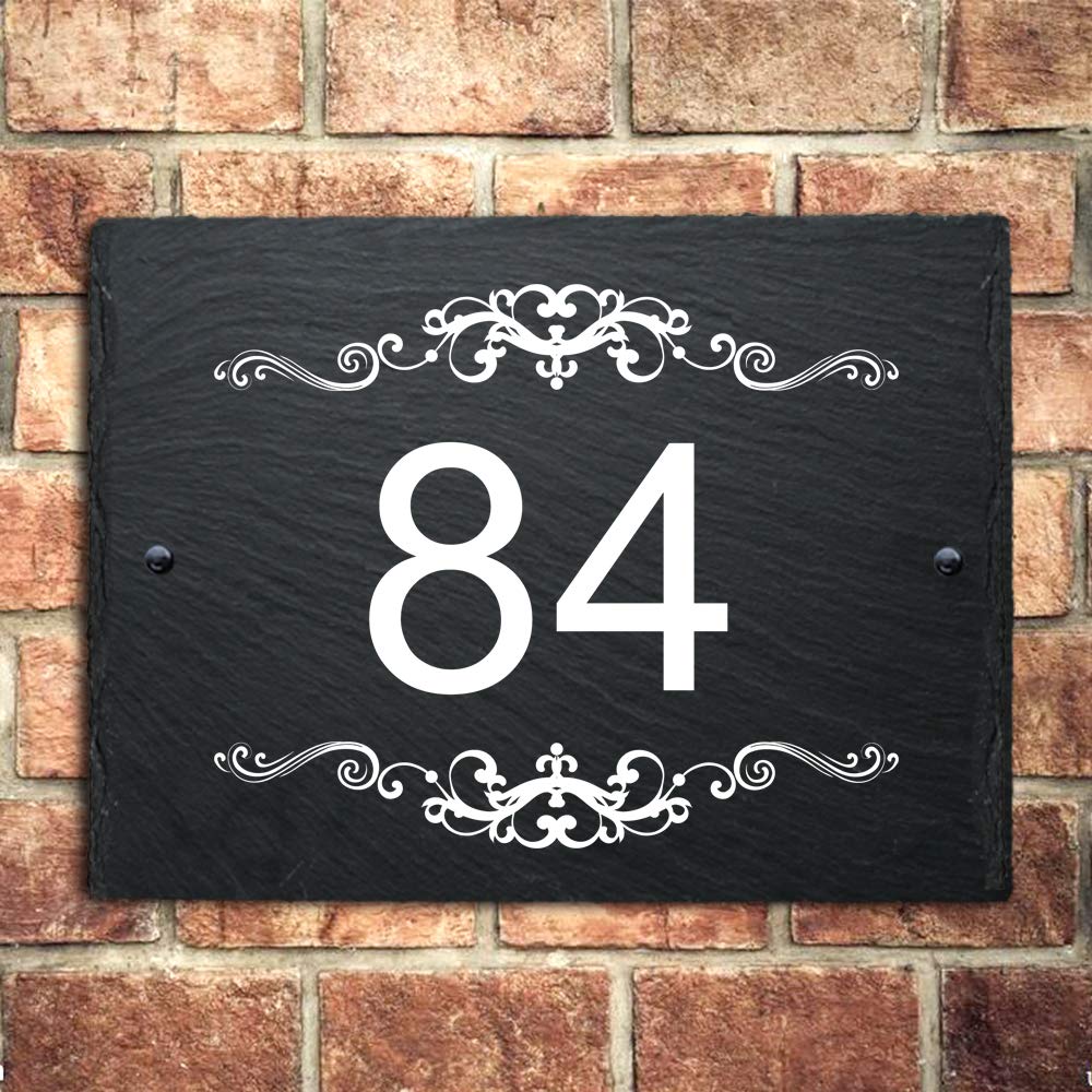 Personalised Natural Slate House Gate Sign Plaque Door Number Personalised Name UV Printed Hand Finished in UK (Decorative Pattern, 30x20cm Rectangle)
