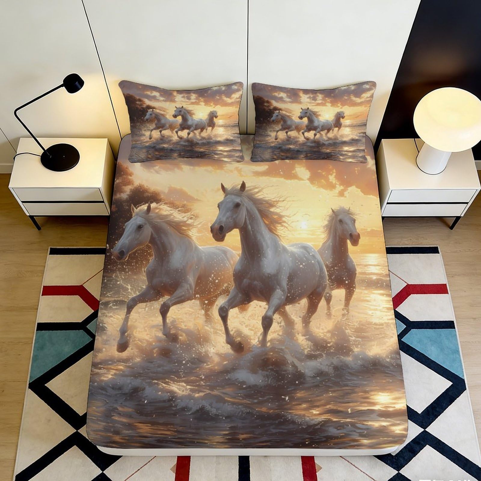3D Printed Sunset Wild Horse Fitted Sheet Microfiber Soft Bed Cover for Bedroom Guest Room Mattress Protection Decor 90x200x25cm