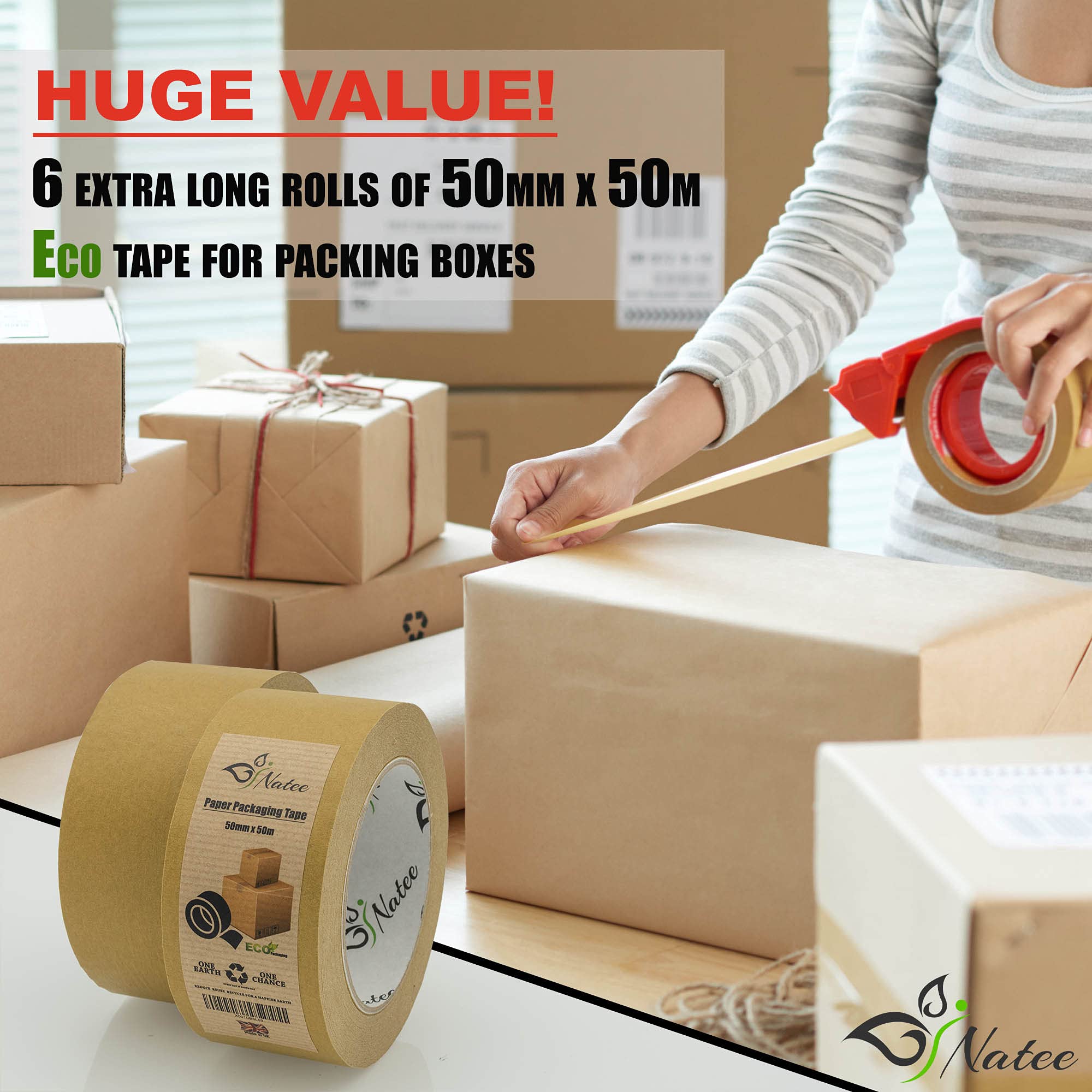 NATEE® Nastro adesivo in carta kraft, completamente riciclabile, resistente, ecologico, per imballaggi e scatole, carta marrone per traslochi, 50 m x 50 mm (6)