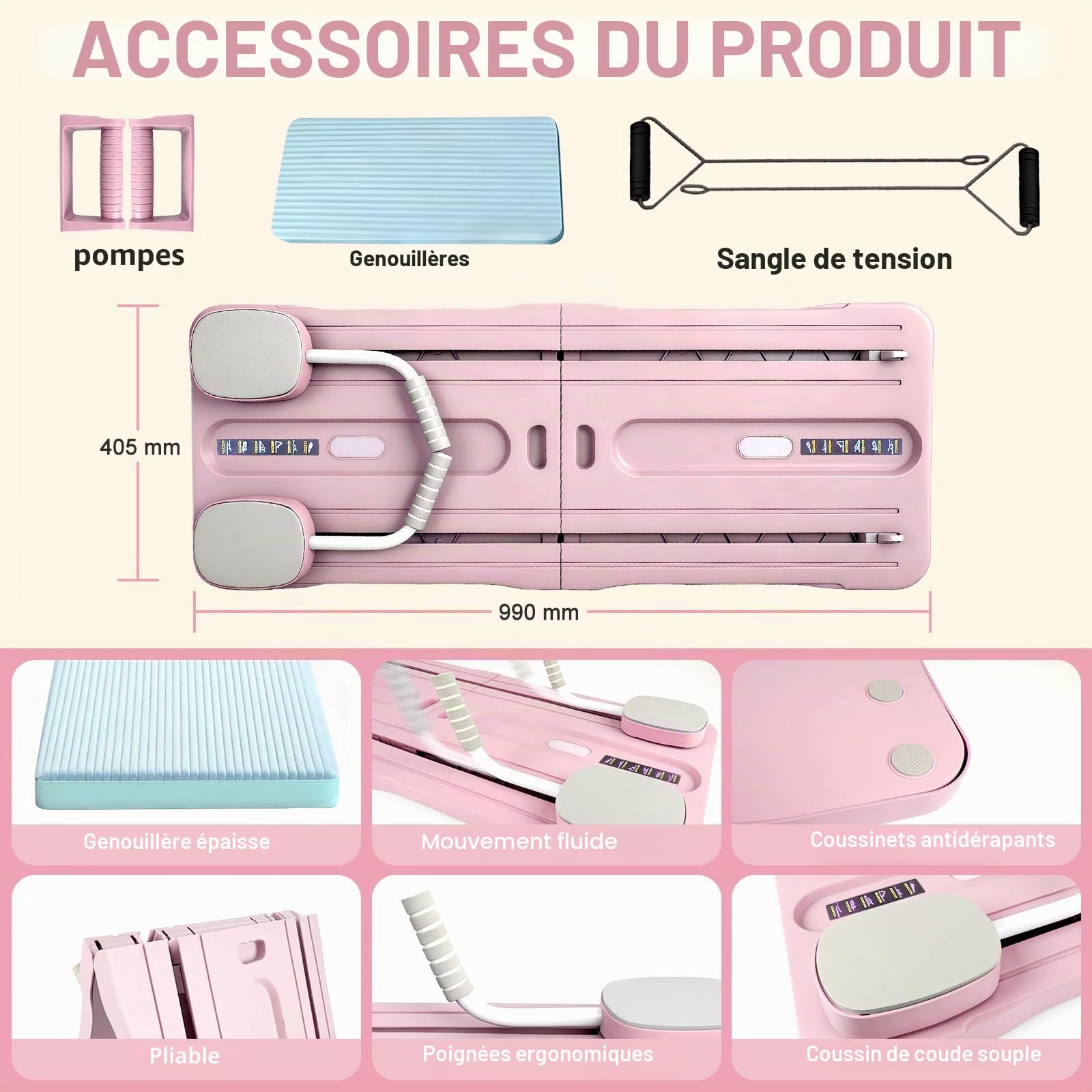 Roadtime Reformateur Pilates 6 en 1 Amélioré Pliable Ensemble Compact de Plateau Pilates pour la Protection des Genoux et Entraîneur Abdominal Multifonctionnel, Planche Abdominale avec Rebond Rose