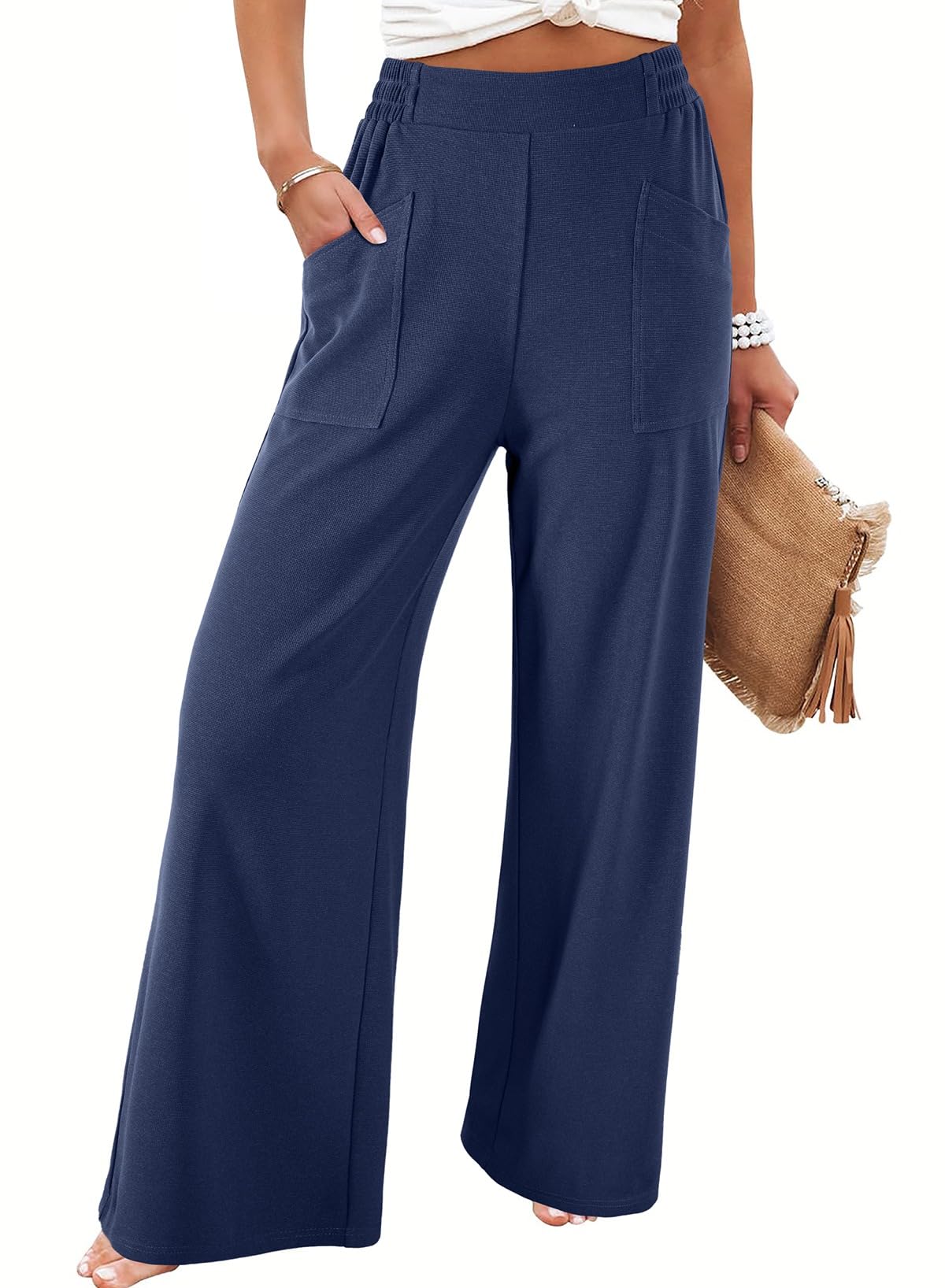 EVALESS Womens Baggy Wide Leg Pants Casual Elastic Waisted Palazzo Harem Pant with Pockets