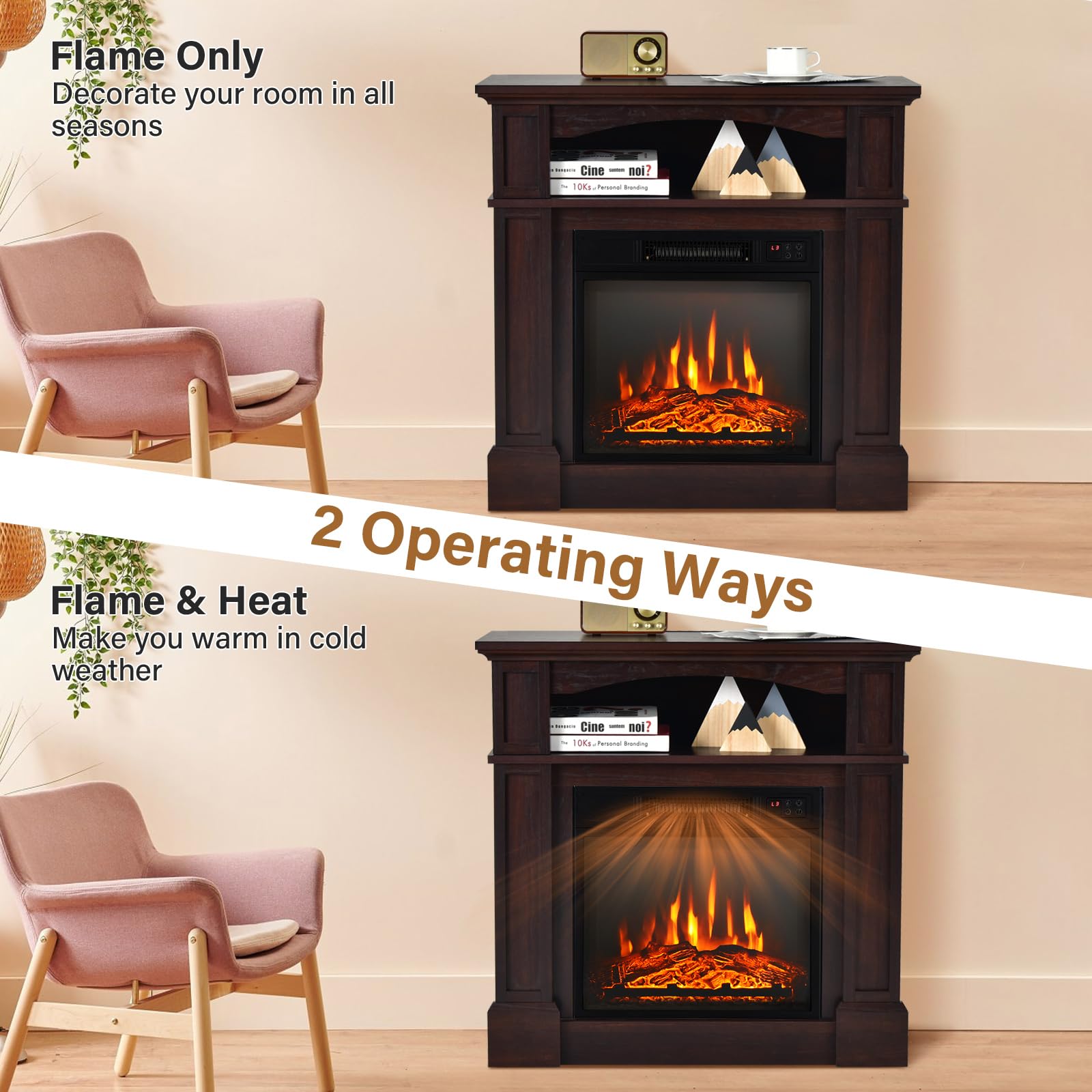 Amazon.com: COSTWAY 32-inch Electric Fireplace with Mantel, 1400W  Adjustable Freestanding Heater with Remote Control, Thermostat Design, 6H  Timer, 3D Flame Brightness, Mantel Fireplace for Living Room, Brown : Home  u0026 Kitchen
