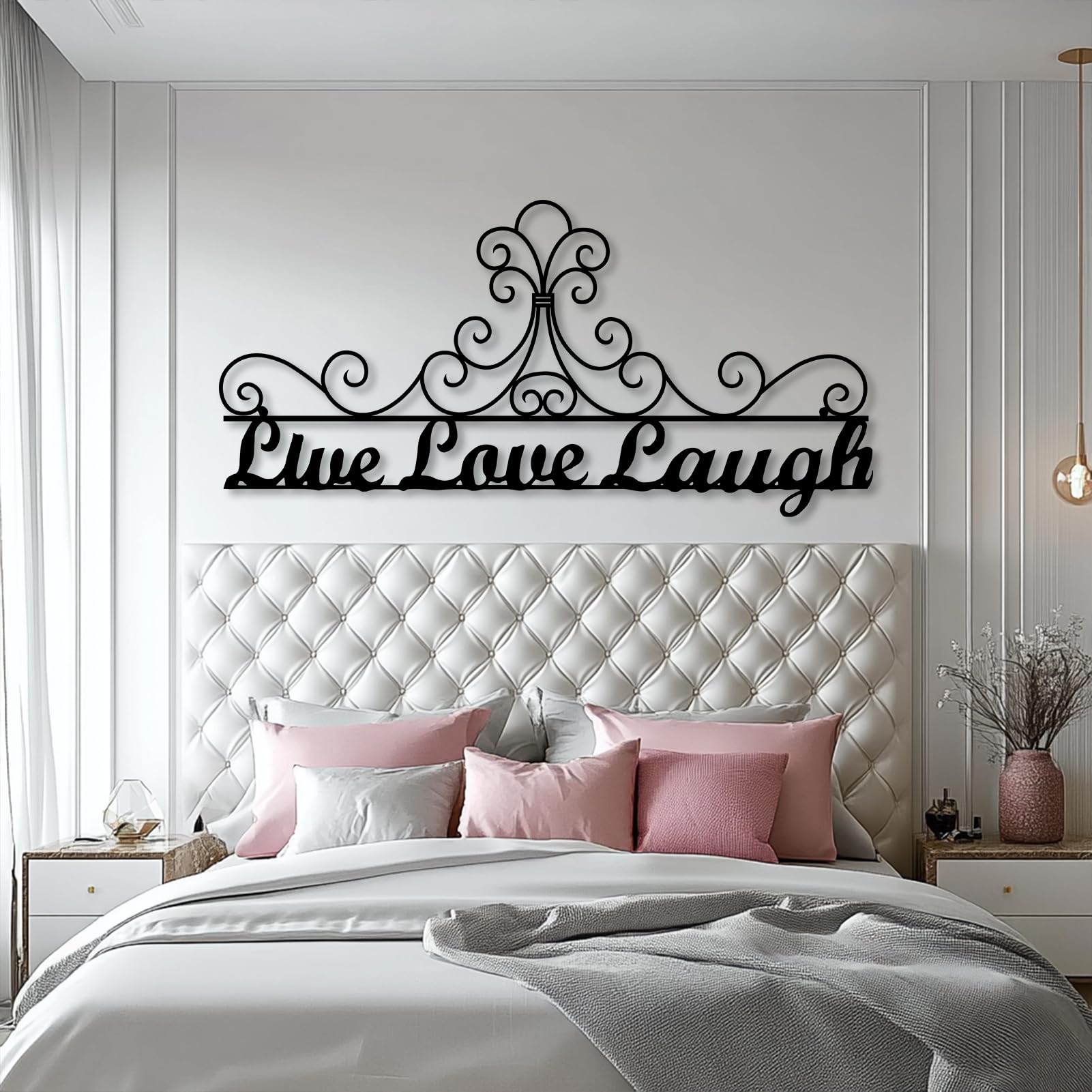 Metallo Argento Live Love Laugh Wall Art Metallo Ornato Scroll Boho Arte Moderna Decorazione Parete Live Love Laugh Opera d'Arte Decorazione Scultura Moderna per Soggiorno Camera da Letto Corridoio e