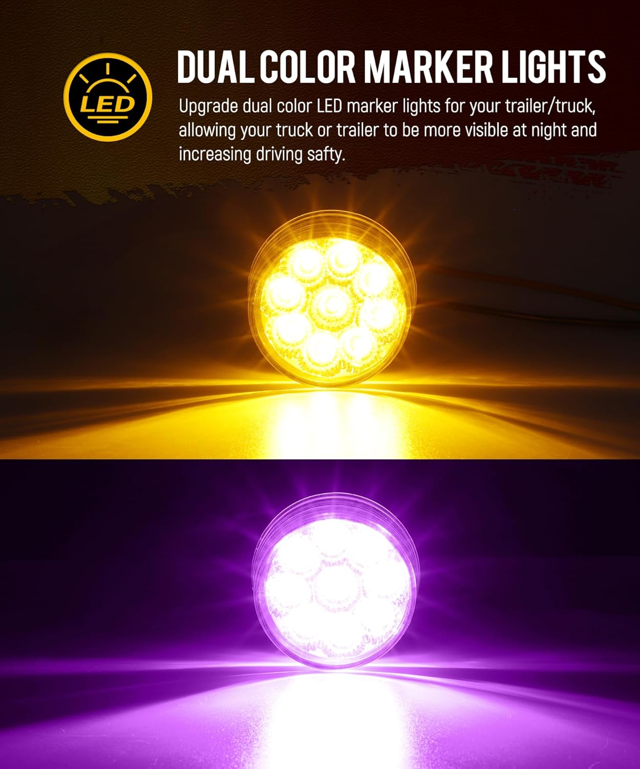 Partsam 10Pcs Dual Revolution 2 inch Round 9LED Marker Light, Amber Side Marker Clearance Lights to Purple Auxiliary Lights for Trailer Truck, Clear Lens,12V, Waterproof