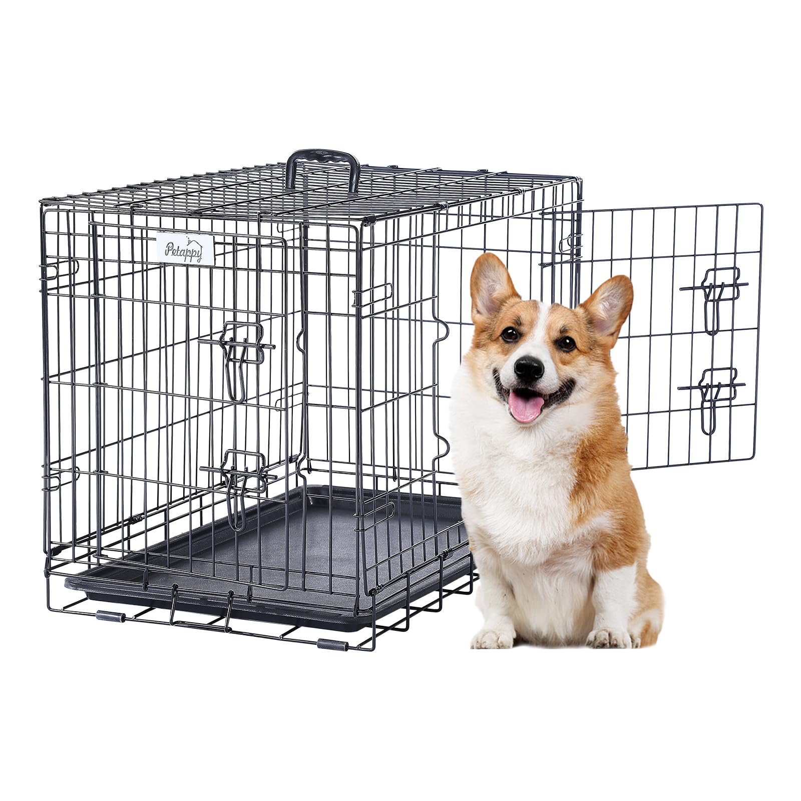 PETAPPY Jaula para Perros de 30 Pulgadas, Jaula de Alambre para Perros, Jaula Plegable de Doble Puerta, Perrera de Alambre con Bandeja extraíble