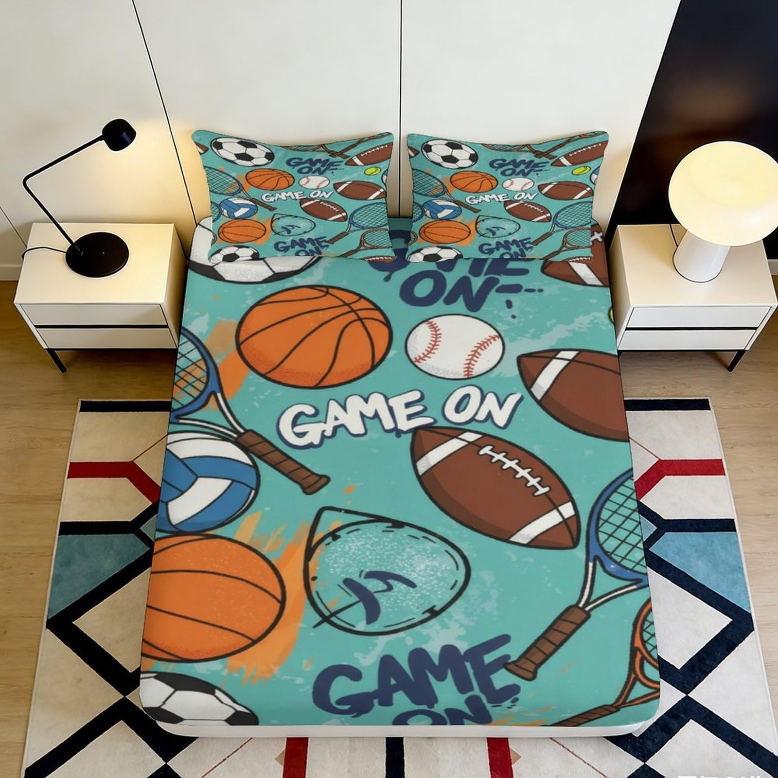 3D Printed Sports Ball Fitted Sheet Microfiber Soft Breathable Cartoon Game On Mattress Cover for Bedroom Dorm Decor 90x200x25cm