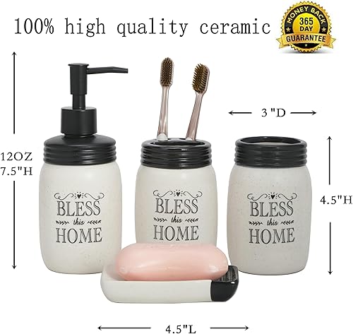 Miniatura 3 de Juego de accesorios de baño de granja, dispensador de jabón de cerámica con tarro de masón, juego de 4 piezas Bless This Home (bendice este hogar)