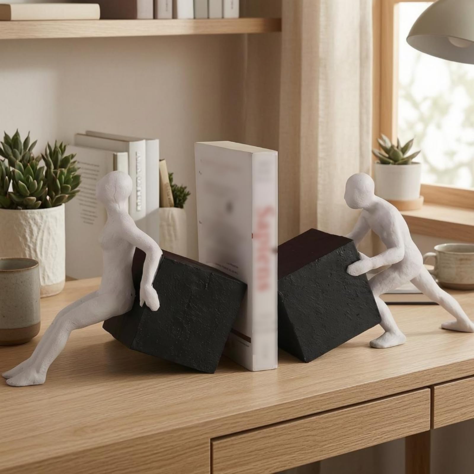 predolo Serre-Livres Abstrait en Résine Blanc et Noir Serre-Livres à Figurines Élégant Butoir Bibliothèque