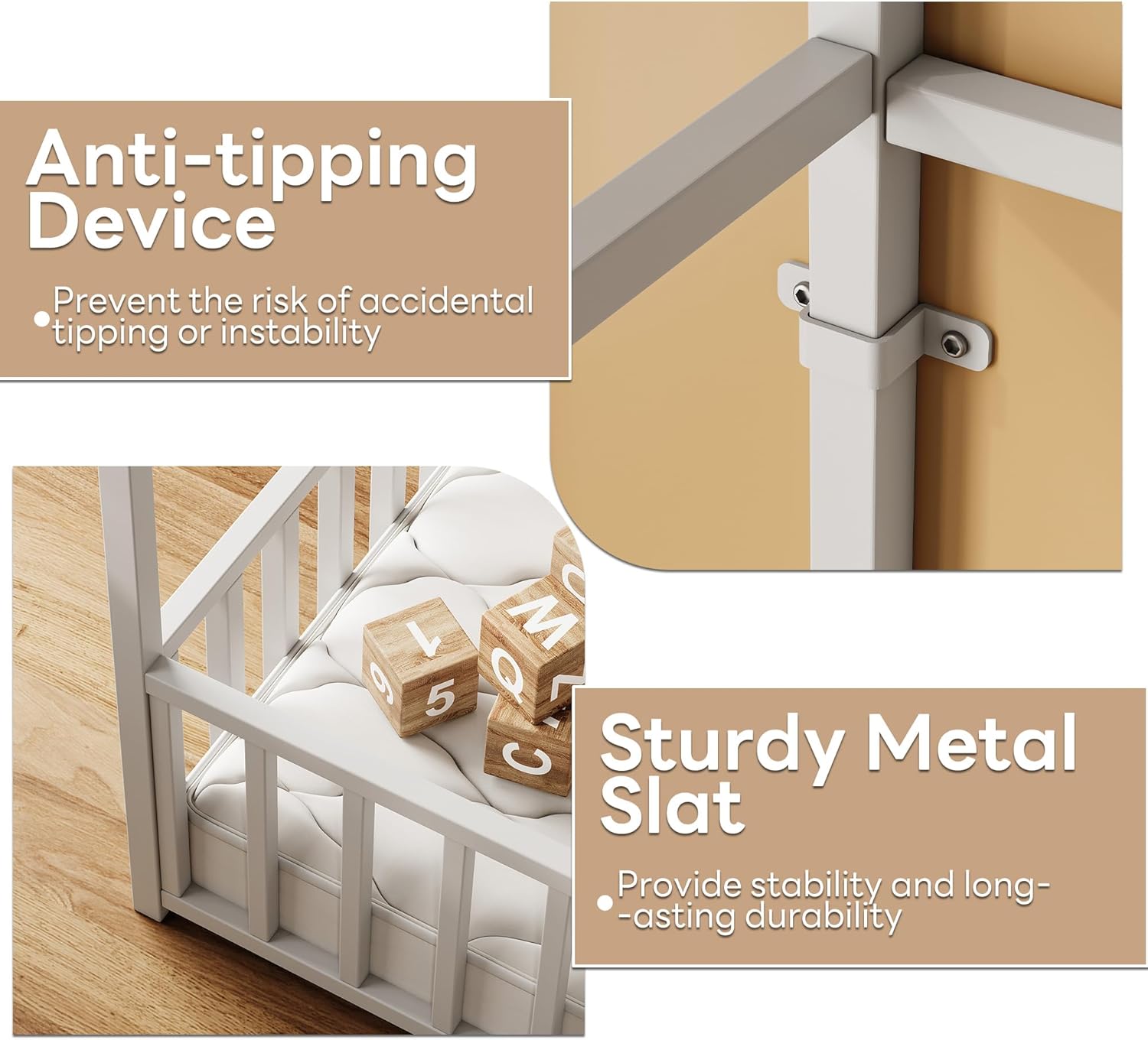 Anti-tipping device and sturdy metal slat detail