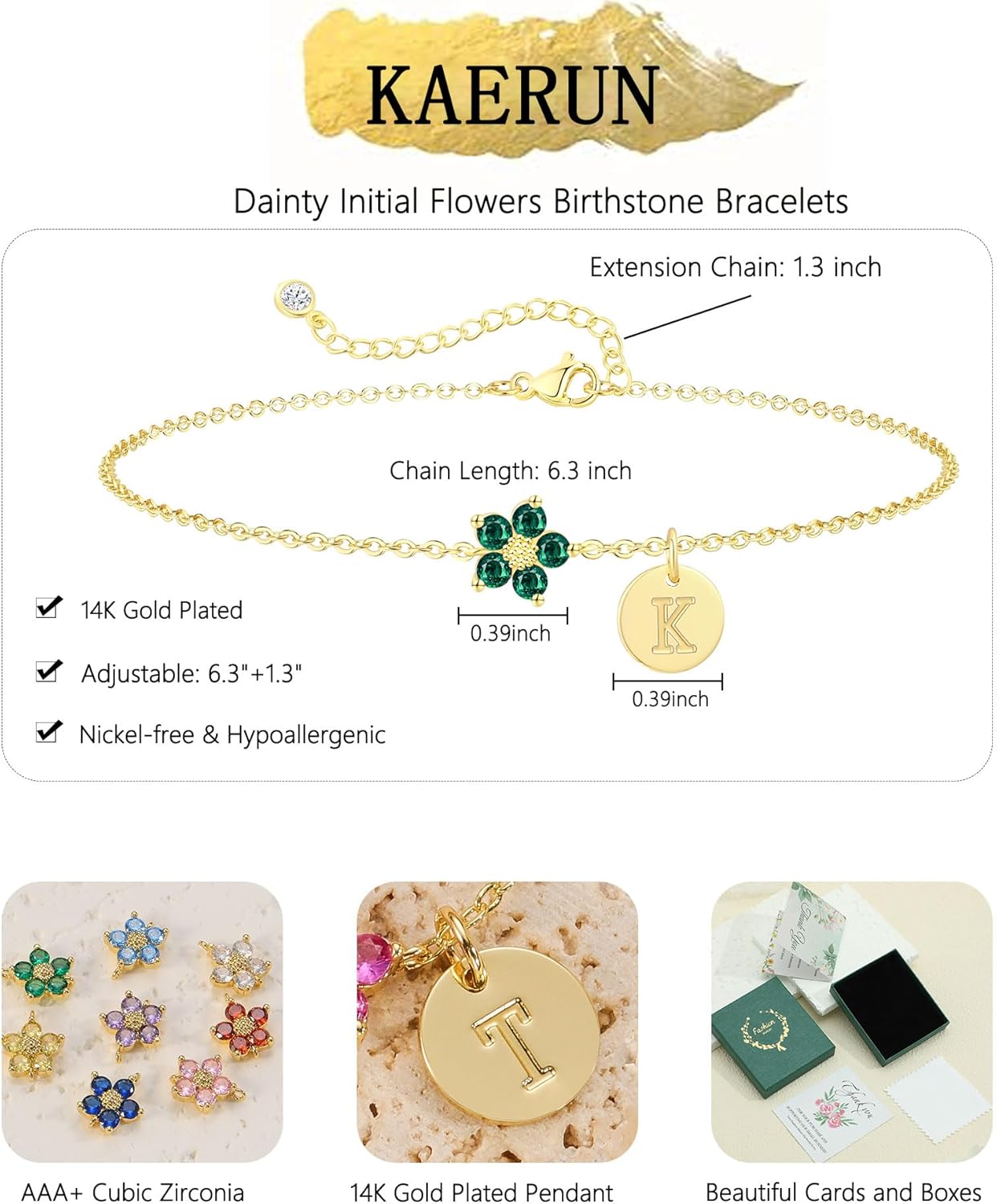 Valentine's Day Gift Initial Birthstone Gold Bracelets for Women Dainty Flowers Birthstone Bracelets Non tarnish 14K Gold Plated CZ Bracelet for Bridesmaid Mom and Daughter Anniversary Birthday Gift - Image 5