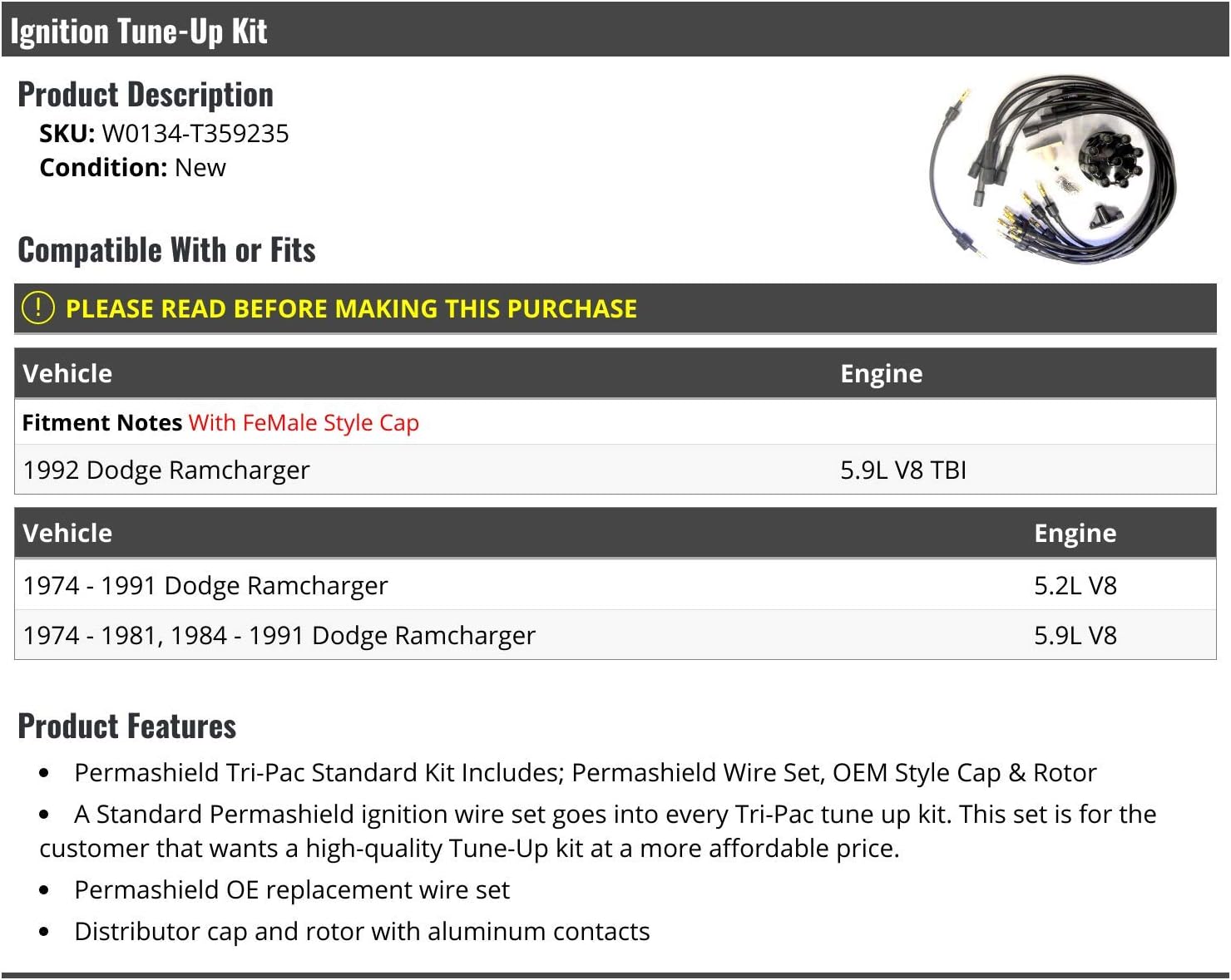Ignition Tune-Up Kit - Spark Plug Wire Set, Distributor Cap and Rotor - Compatible with 1974-1992 Dodge Ramcharger V8