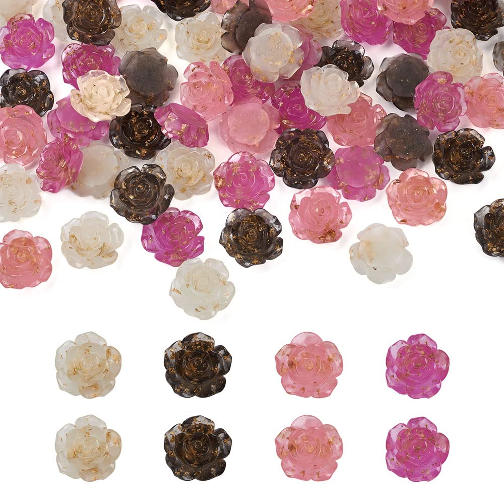 Craftdady 80pcs 4 Colors Transparent Resin Flower Cabochons 22mm Translucent Rose With Golden Foil Flatback Charms for Jewellery Earrings Necklace Making