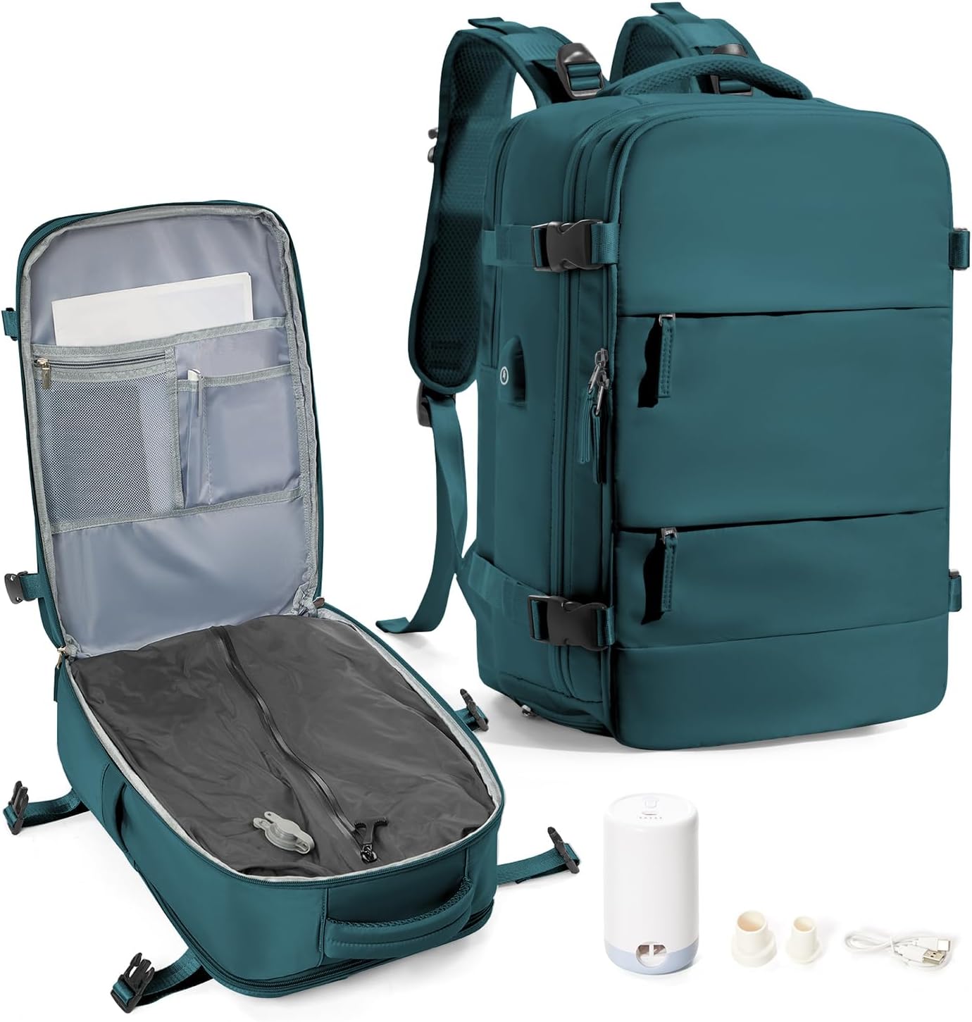 Vacuum Backpack Travel,Air Backpack with Pump Personal Item Carry On Backpacks Flight Approved Laptop Work Seal Compression Bags Men Women Vacpack Business College Casual Daypack Peacock Blue