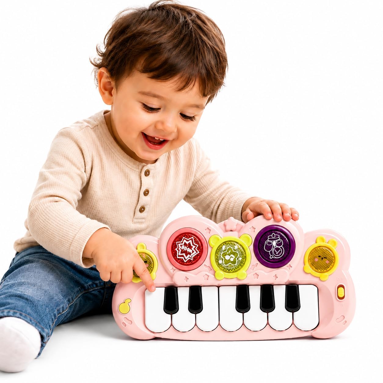 Prime Brands Baby Musical Piano Toy | 7 Piano Keys + 5 Light-Up Music Buttons + 1 Auto Music Button | Interactive Learning Keyboard with Lights & Sounds | Educational Toy for Kids (Pink)-image-0