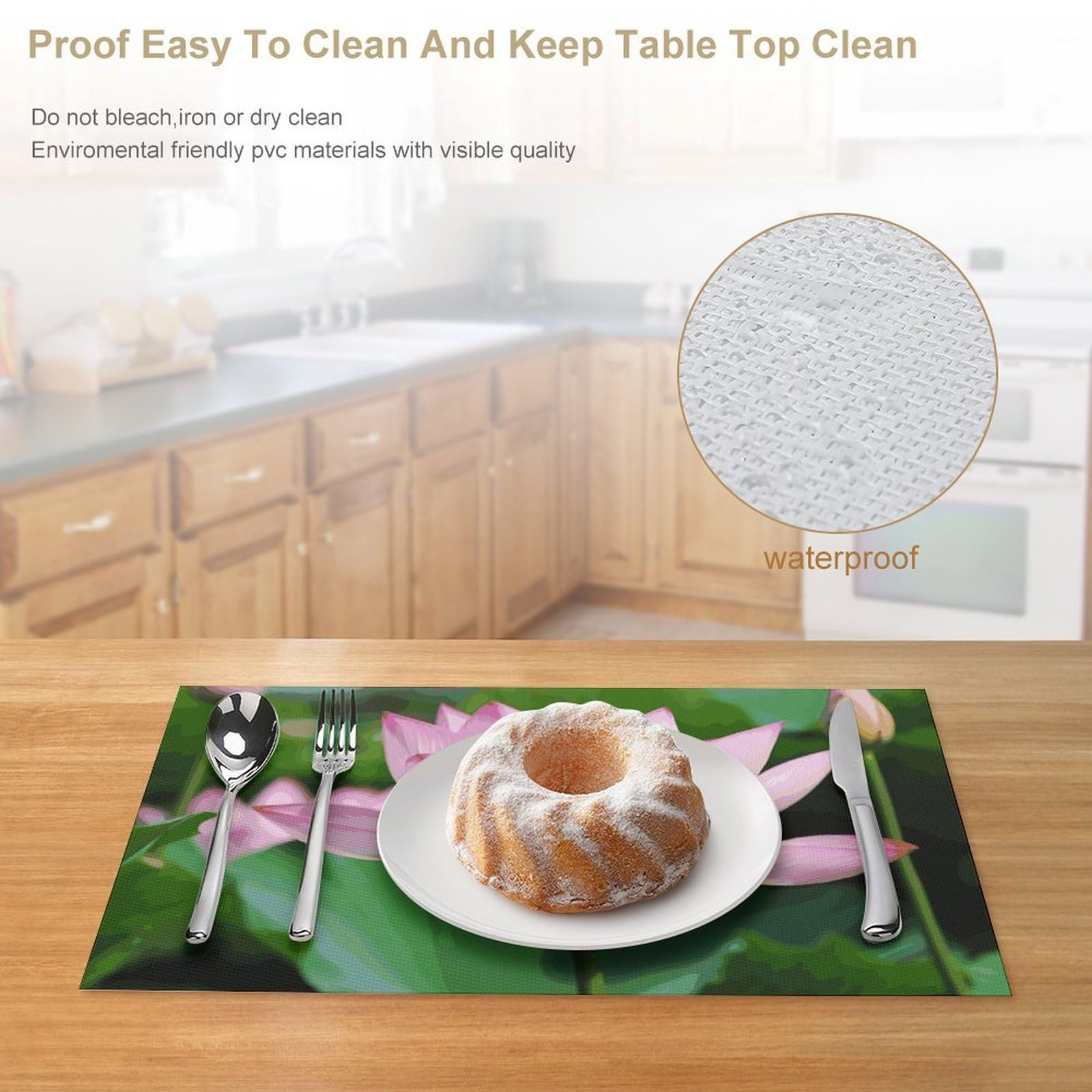 Lotus, 6 tovagliette all'americana in PVC, lavabili, resistenti al calore, antiscivolo, impermeabili, per interni ed esterni, tavolo da pranzo, cucina, feste