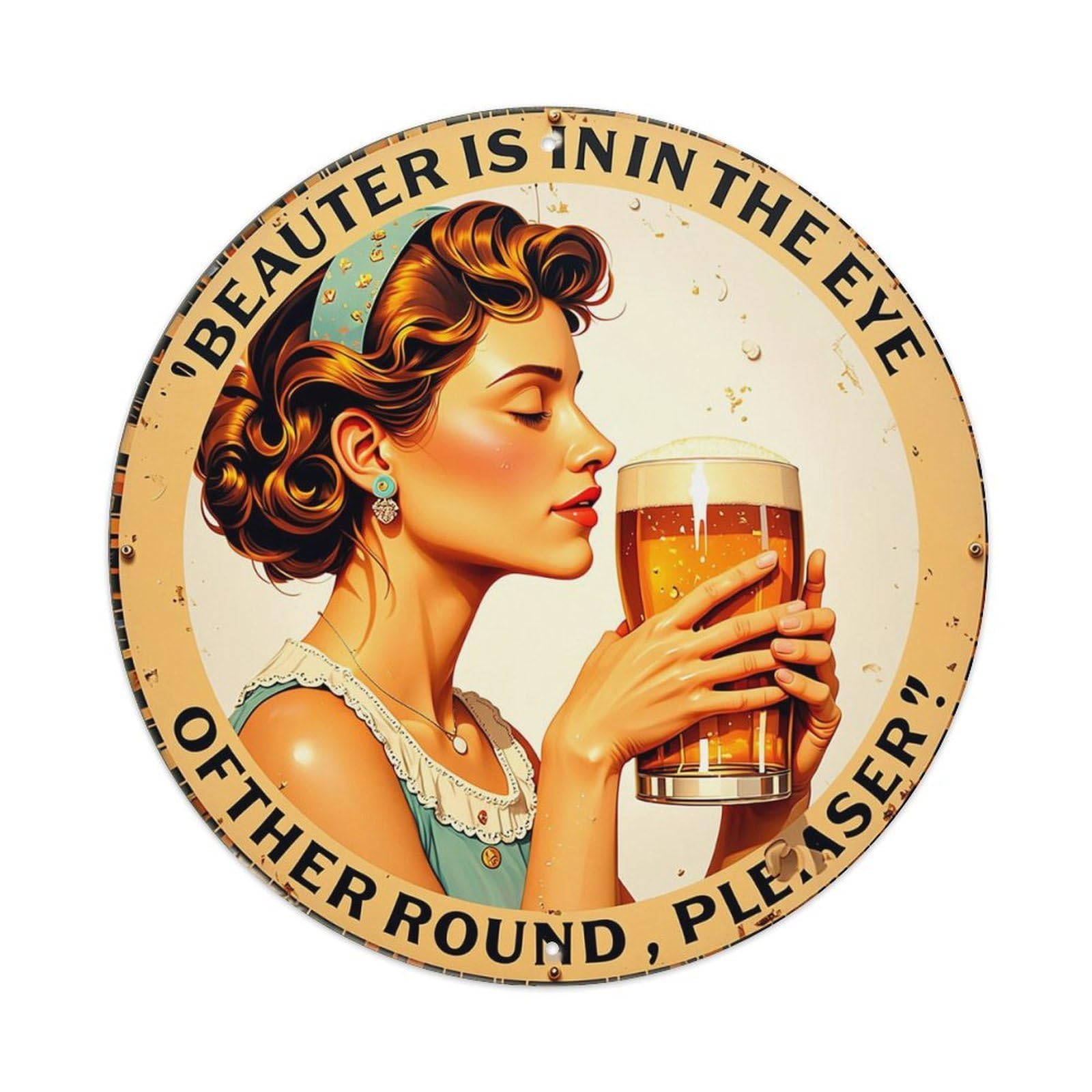 Jdyaojiesheng Vintage Woman Beer Glass Sign Round Tin Sign Retro Metal Wall Decor Metal Poster, Home Bar Garage Farmhouse Cafe Wall Art Decoration 8X8inch