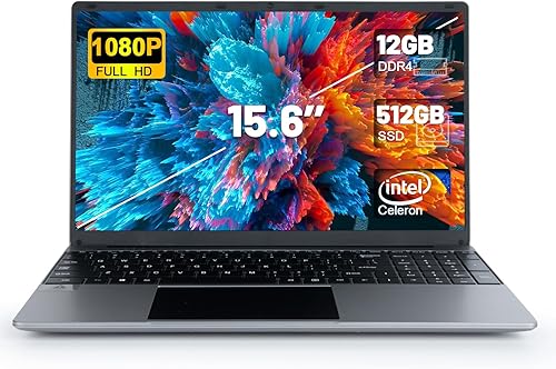 ANMESC Computadora portátil, 15.6 pulgadas portátil, 12GB RAM 512GB ROM, procesadores Intel Celeron Quad-Core, 1920 x 1080 IPS FHD, 38000mWh