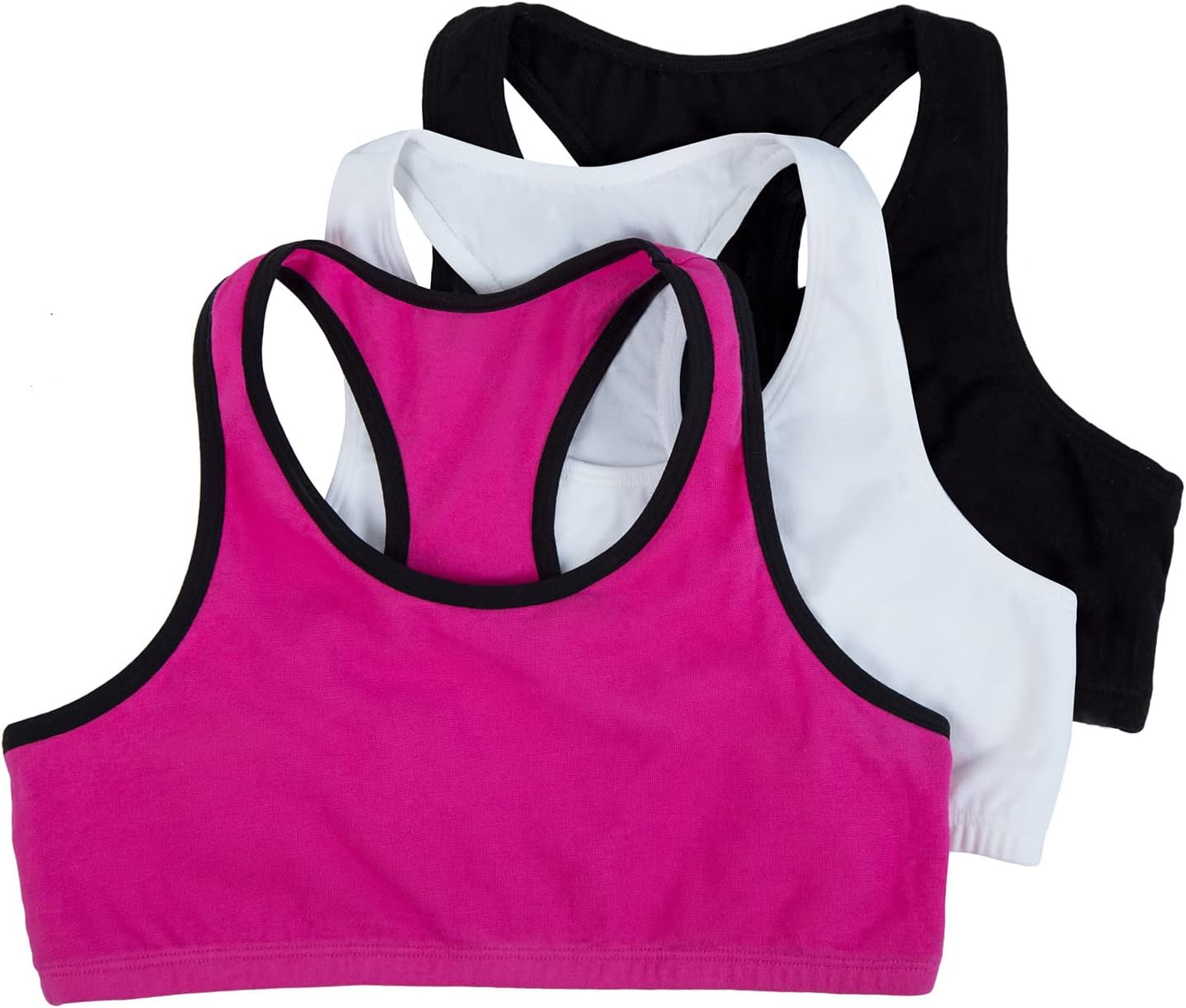 Fruit of the Loom Big Girls' Cotton Built-Up Stretch Sports Bra, White/Blue/White