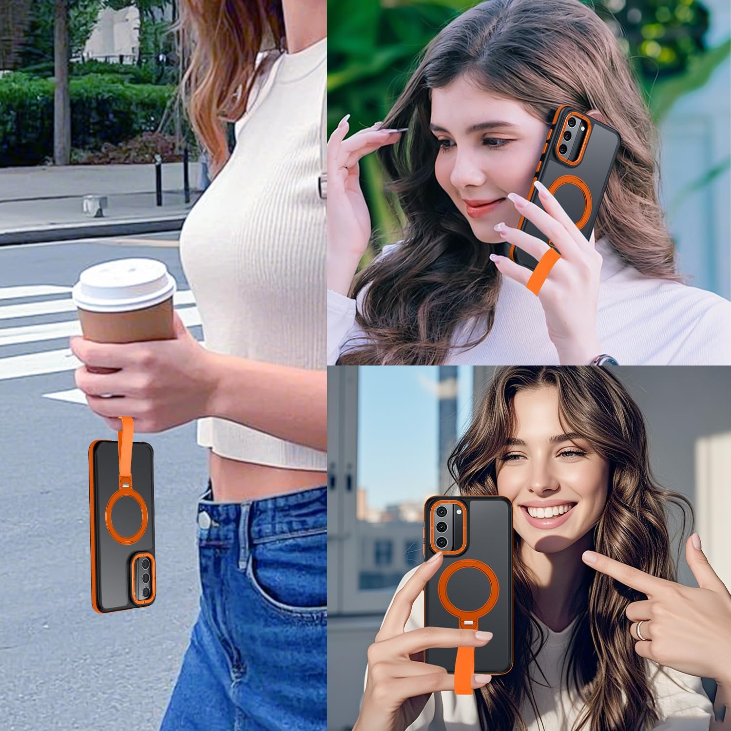 360°Spin Magnetic Stand with Silicone Strap for Samsung Galaxy S22 Case [Fit for MagSafe], Mil-Grade Shockproof Translucent Slim Phone Case with Kickstand&Ring Holder for S22 (Orange)