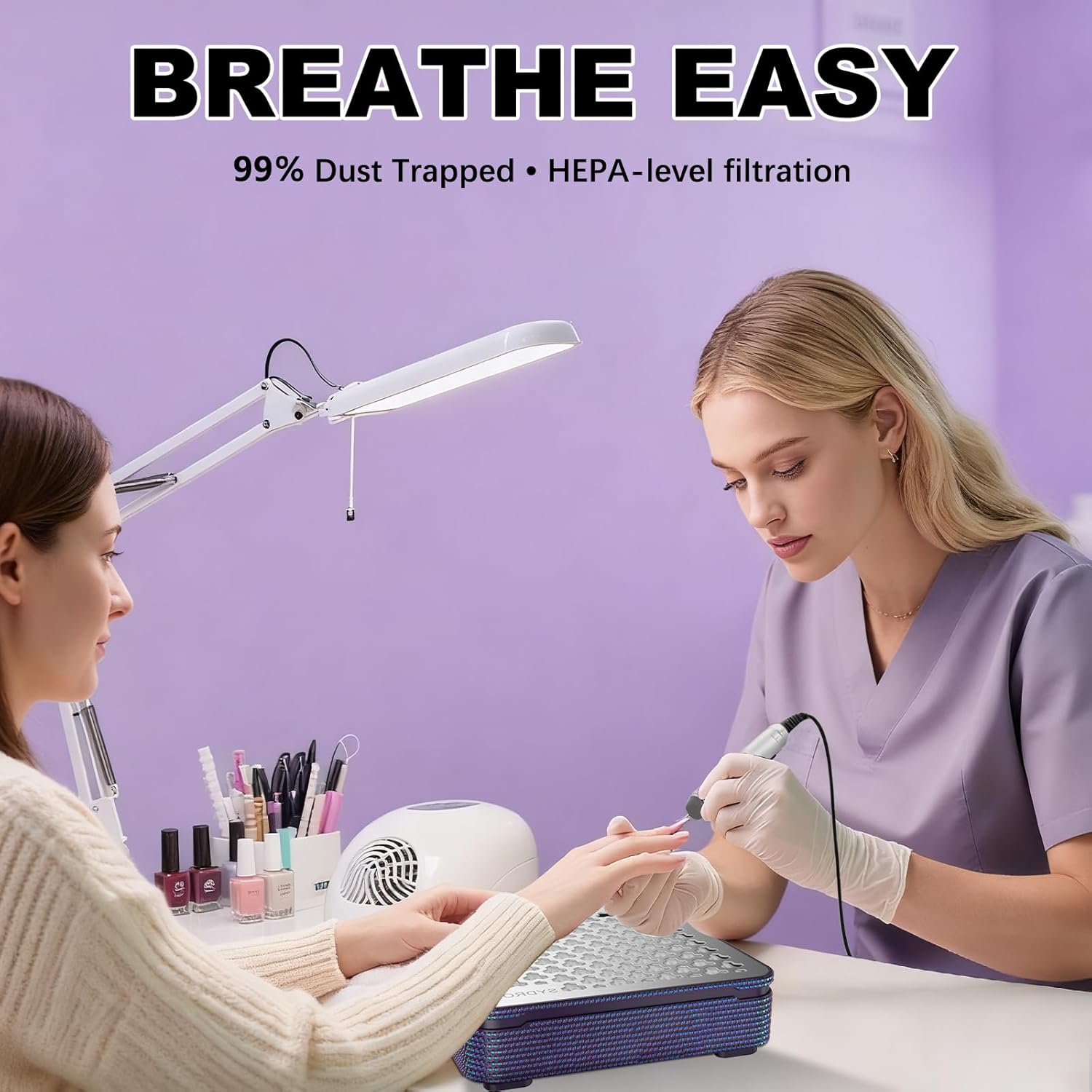 Nail Dust Collector | 1000PA Nail Fan Dust Collector | 10 Speed Levels | Low Noise & Strong Suction | Reusable Filter, 10 Pads + Nail Dust Brush | for Acrylic Nails, Salon & Home -Purple Diamond