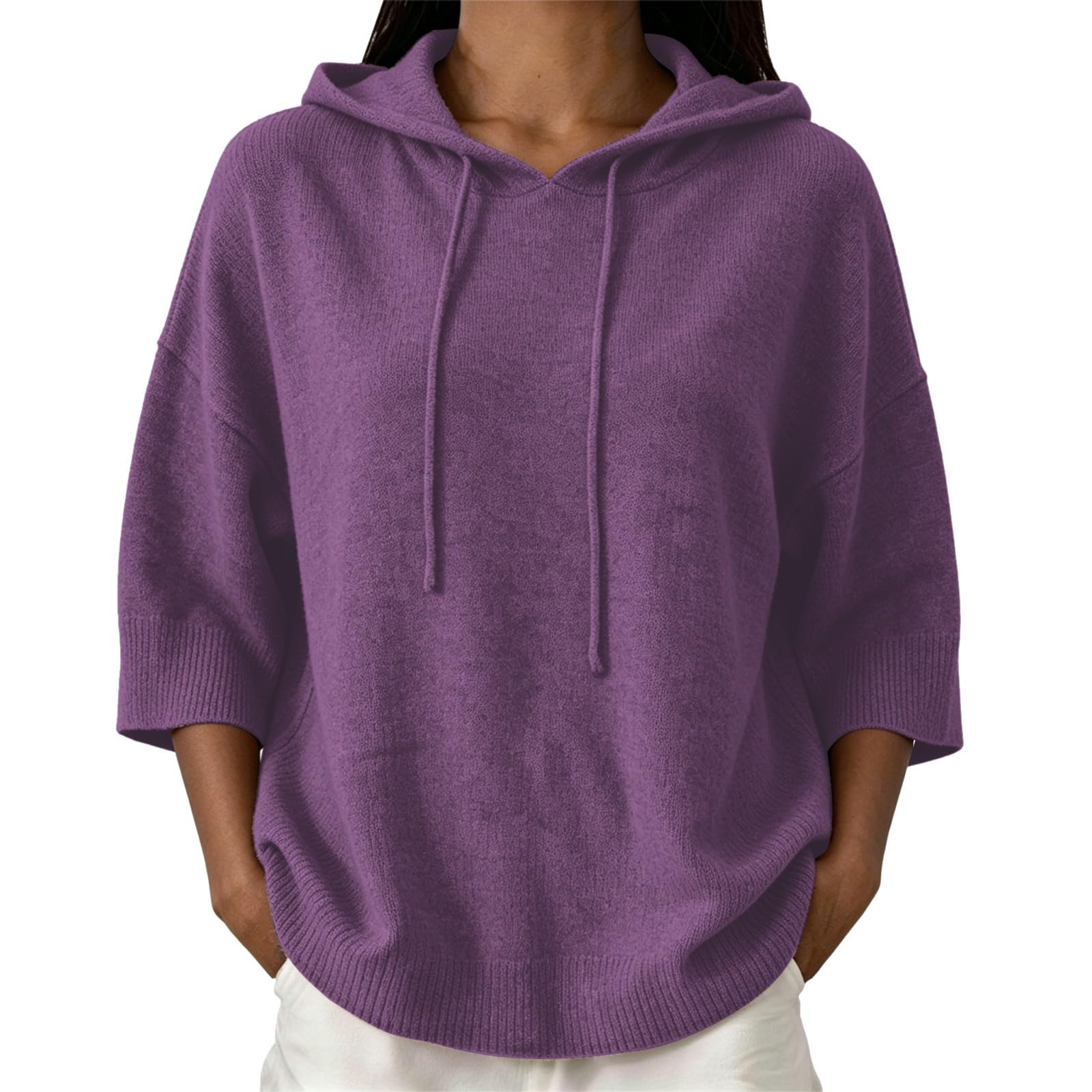 Generisch Felpa oversize da donna, invernale, casual, a maniche lunghe, a 3/4, con cappuccio, tinta unita, alla moda, traspirante, per leggings