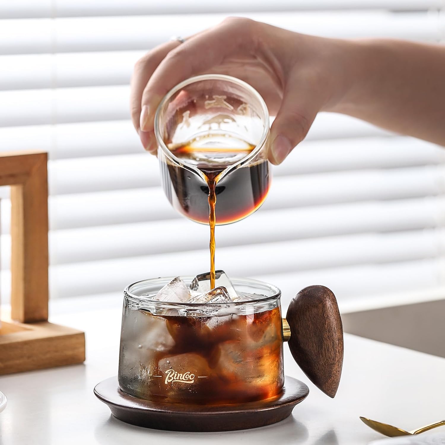 Bincoo Glass Coffee Cups and Saucers Set,250ML Clear Glass Iced Coffee Mug Espresso Cup Tea Cup with Walnut Coaster and Handle - Image 3