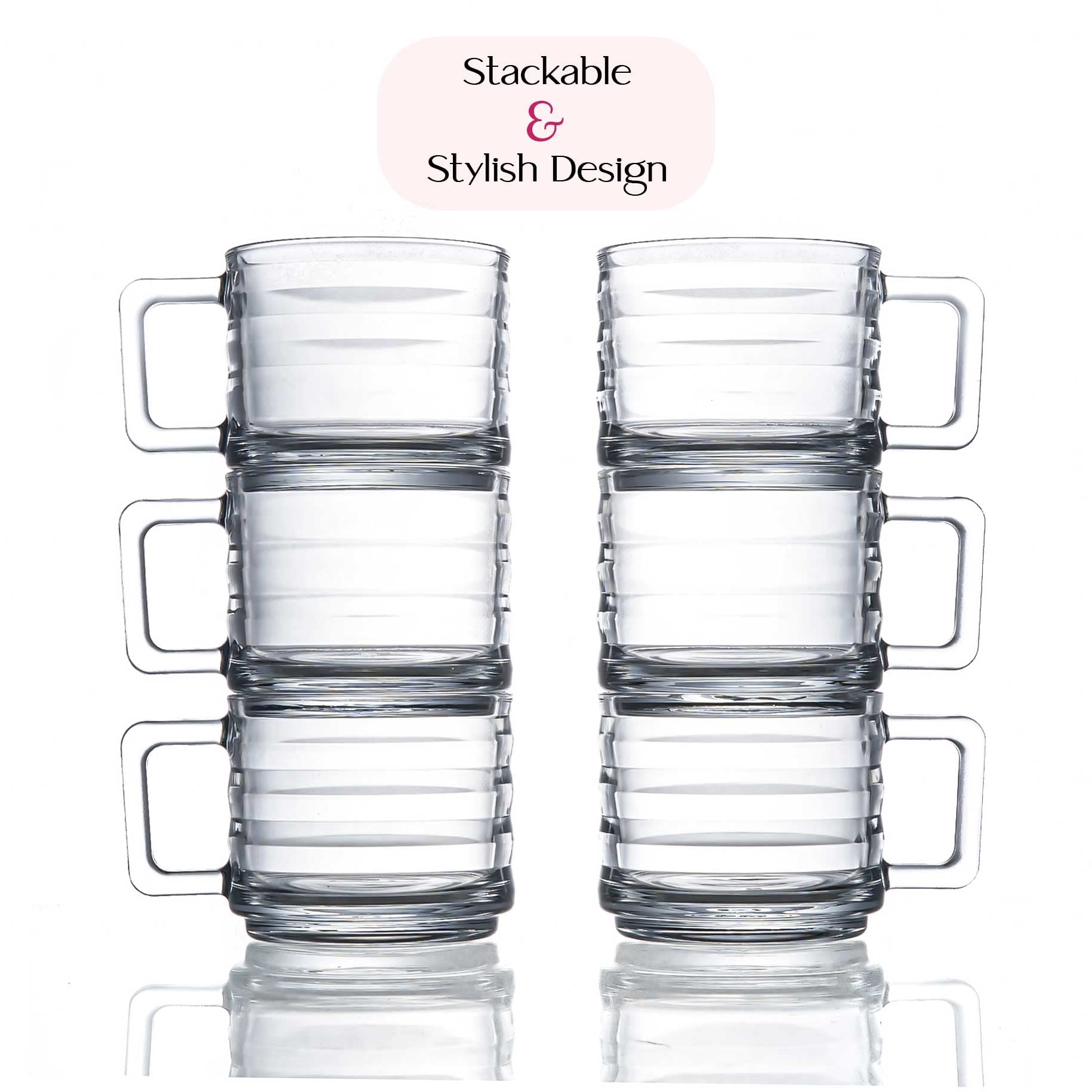 Lot de 6 Tasses à Café Empilables en Verre, Verres à Latte Entièrement Trempés, Tasses à Espresso, Verres à Café et du thé, Tasses en Verre pour Boissons Chaudes avec Poignées (250 cc/8,5 oz)