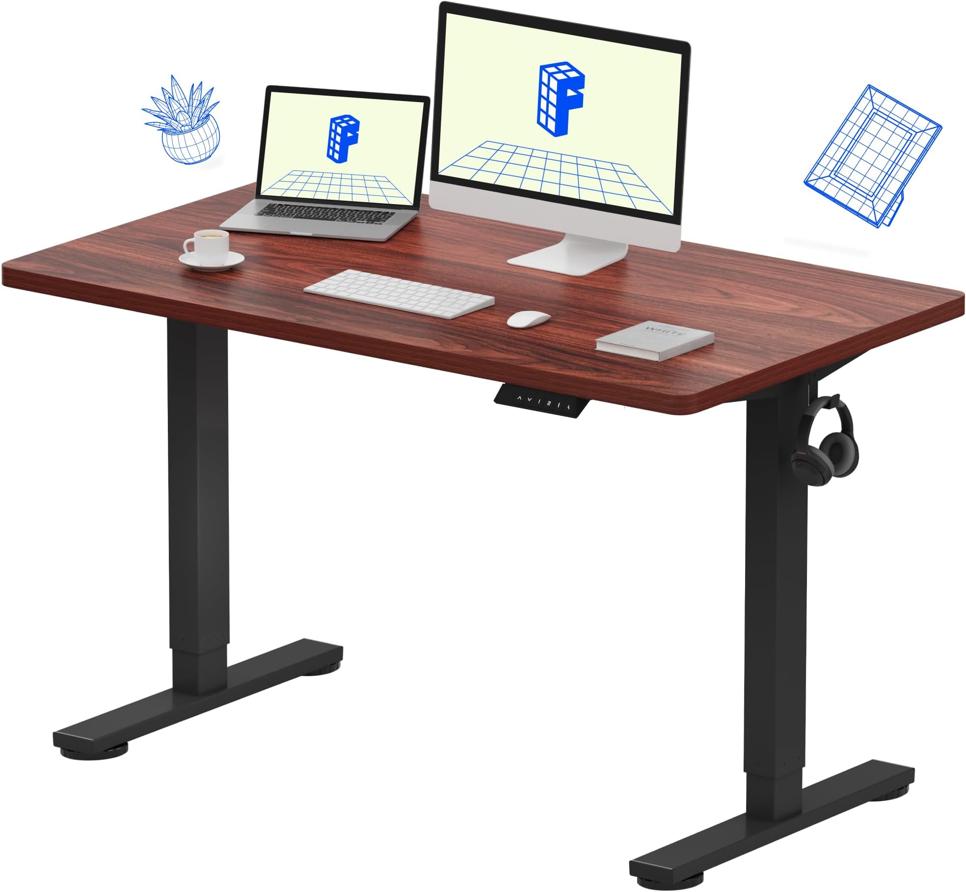 FLEXISPOT EN1 Whole-Piece Standing Desk 48 x 24 Inches Height Adjustable Desk, Electric Sit Stand Desk Home Office (Black Frame + Mahogany Top, 2 Packages)