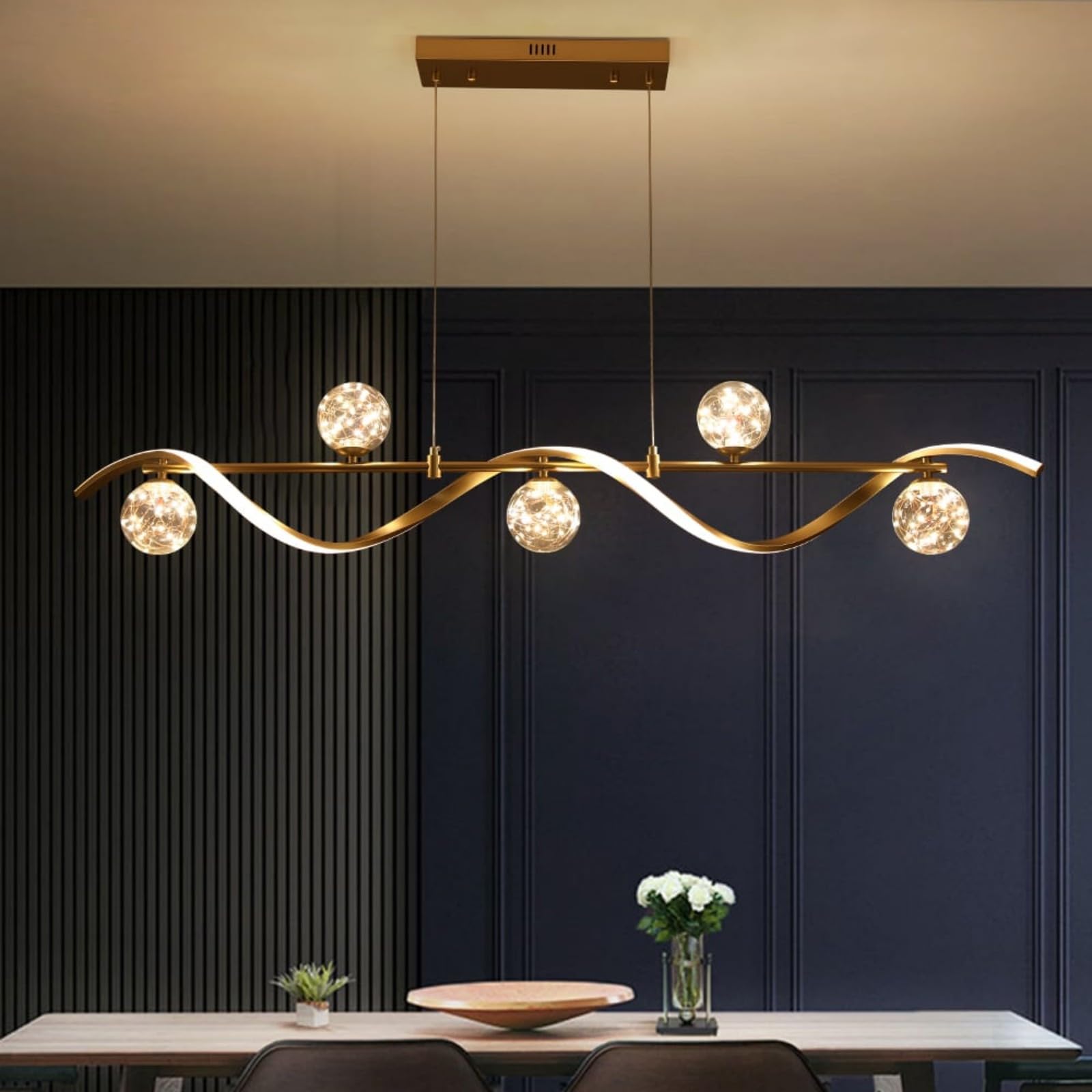 Homary Kitchen Island Lighting, Linear Pendant Light with Glass Globe Shades, Modern Dimmable LED Hanging Light for Dining Room or Bar (Gold, 6-Light)
