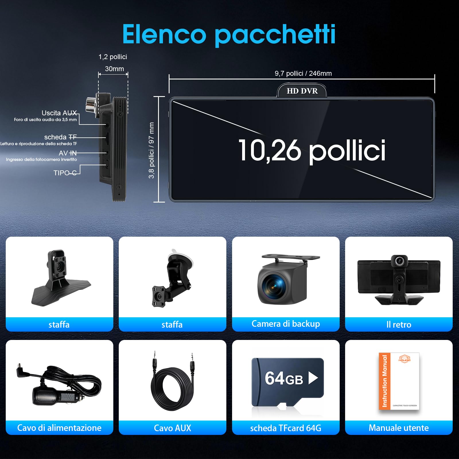 Haudio Autoradio Portatile 10,26 Pollici con Apple CarPlay e Android Auto Wireless, 2K DVR 1080P Fotocamera Anteriore e Posteriore, Controllo Vocale, Radio AUX/FM, Scheda TF 64G Per Tutte le Auto