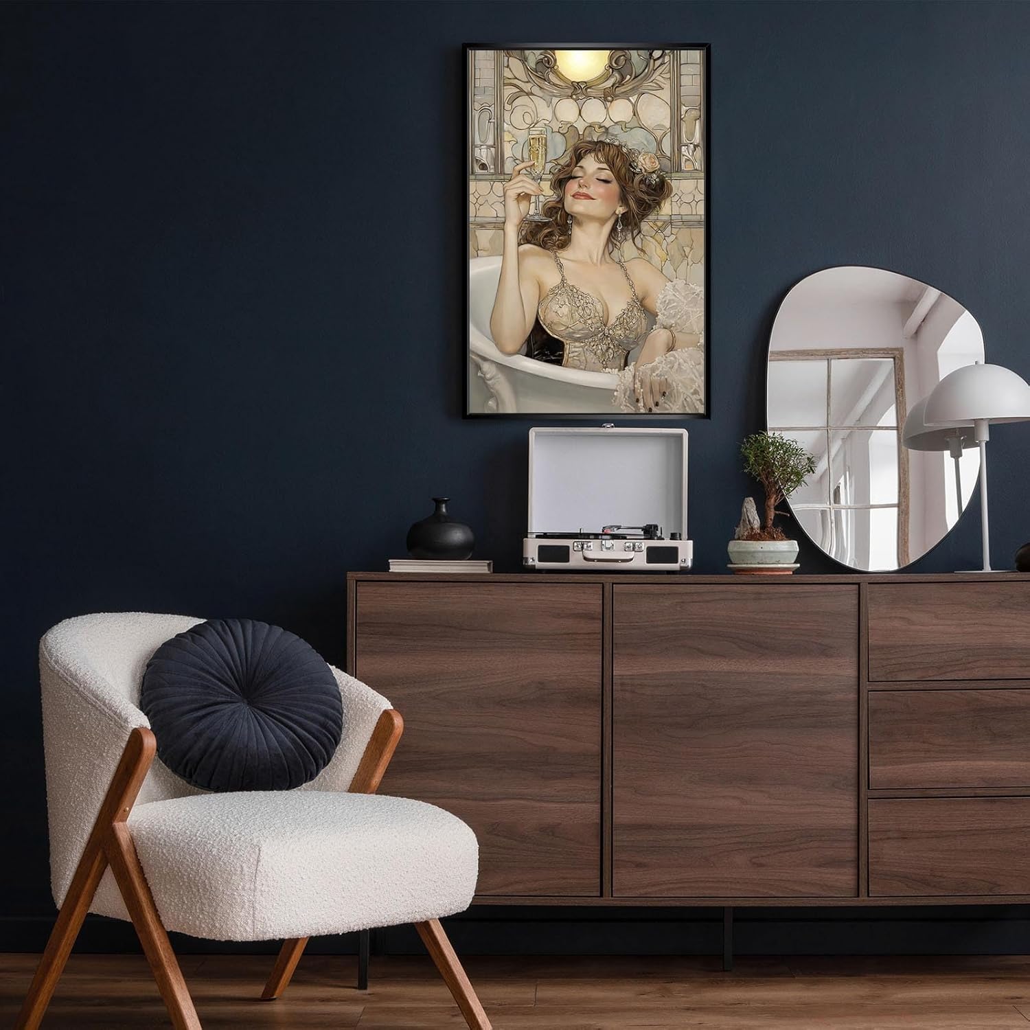 Trendy Bathroom Woman Canvas Posters Elegant Glamour Girly Wall Art Champagne Bath Aesthetic Prints Painting For Living Room Restroom Toilet Wall Decor 24x36in Framed