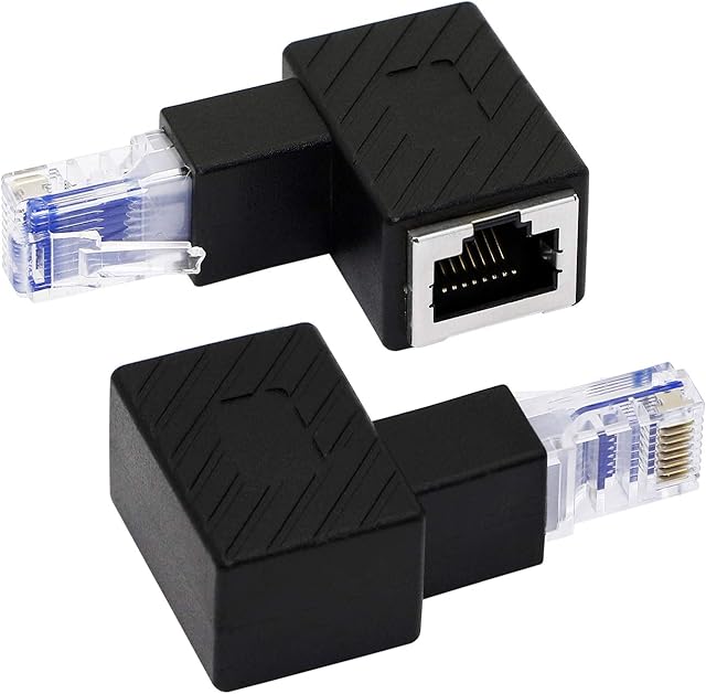 RIIEYOCA Down Angle Ethernet Adapter, 90 Degree RJ45 Male to Female Extension Cat6 LAN Network Connector for Computers, Laptops, Routers(2-Pack)