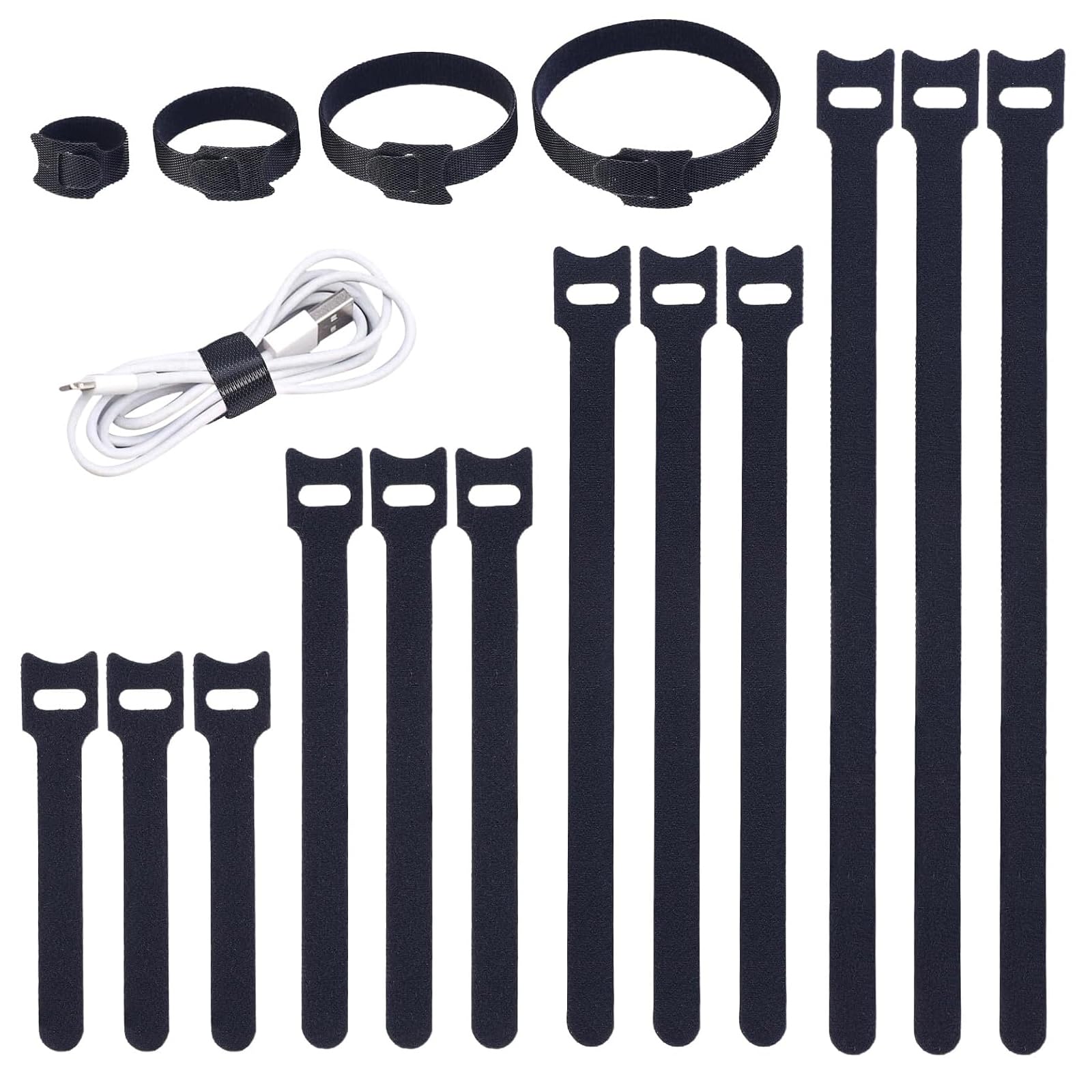 TQIOQIY 200pcs Cable Ties Organizer Set, Black Reusable Self-Gripping Fabric Cable Straps Ties Hook and Loop Various Sizes Wire Ties Cord Organizer Adjustable Cable Straps for Cord Organizer