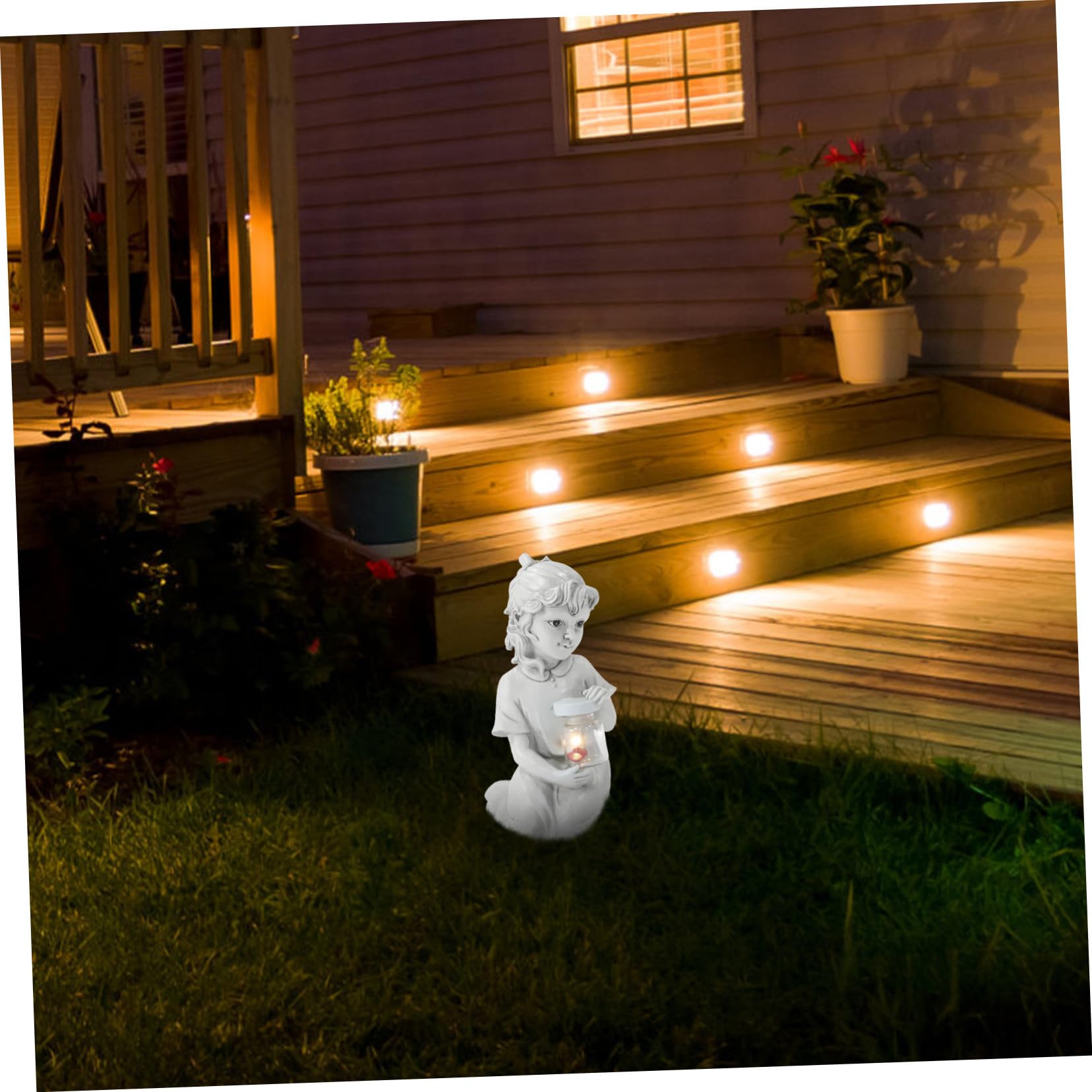 Solar-powered Resin Kid Sculpture Outdoor Garden Ornament with Decorative Lighting Weather-resistant Child Statue for And Flowerbed Décor
